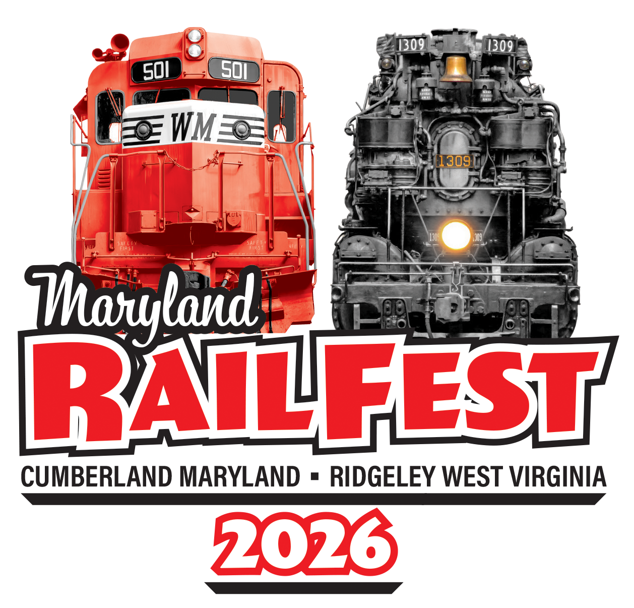 Poster for the Maryland Railfest 2026 showing a red diesel train on the left and a black steam locomotive on the right with event title and date.