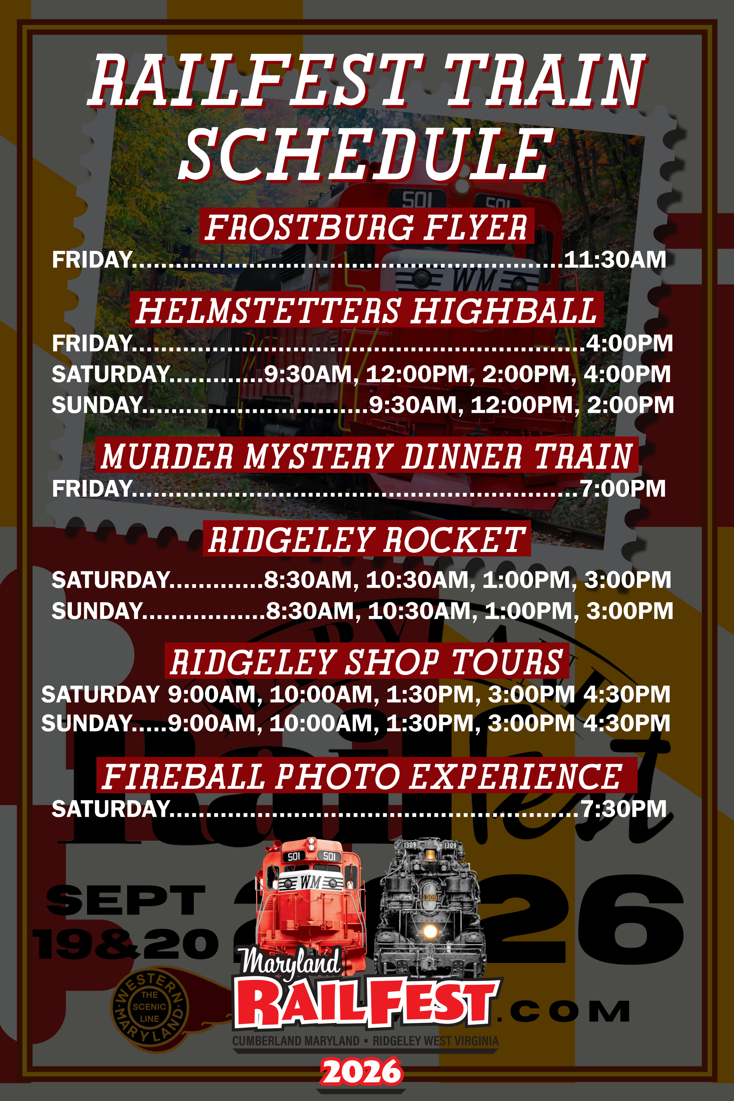 Poster advertising the 2026 Maryland Railfest event featuring train schedules, various themed train rides, and photo experiences, with a background image of trains on tracks surrounded by fall foliage.