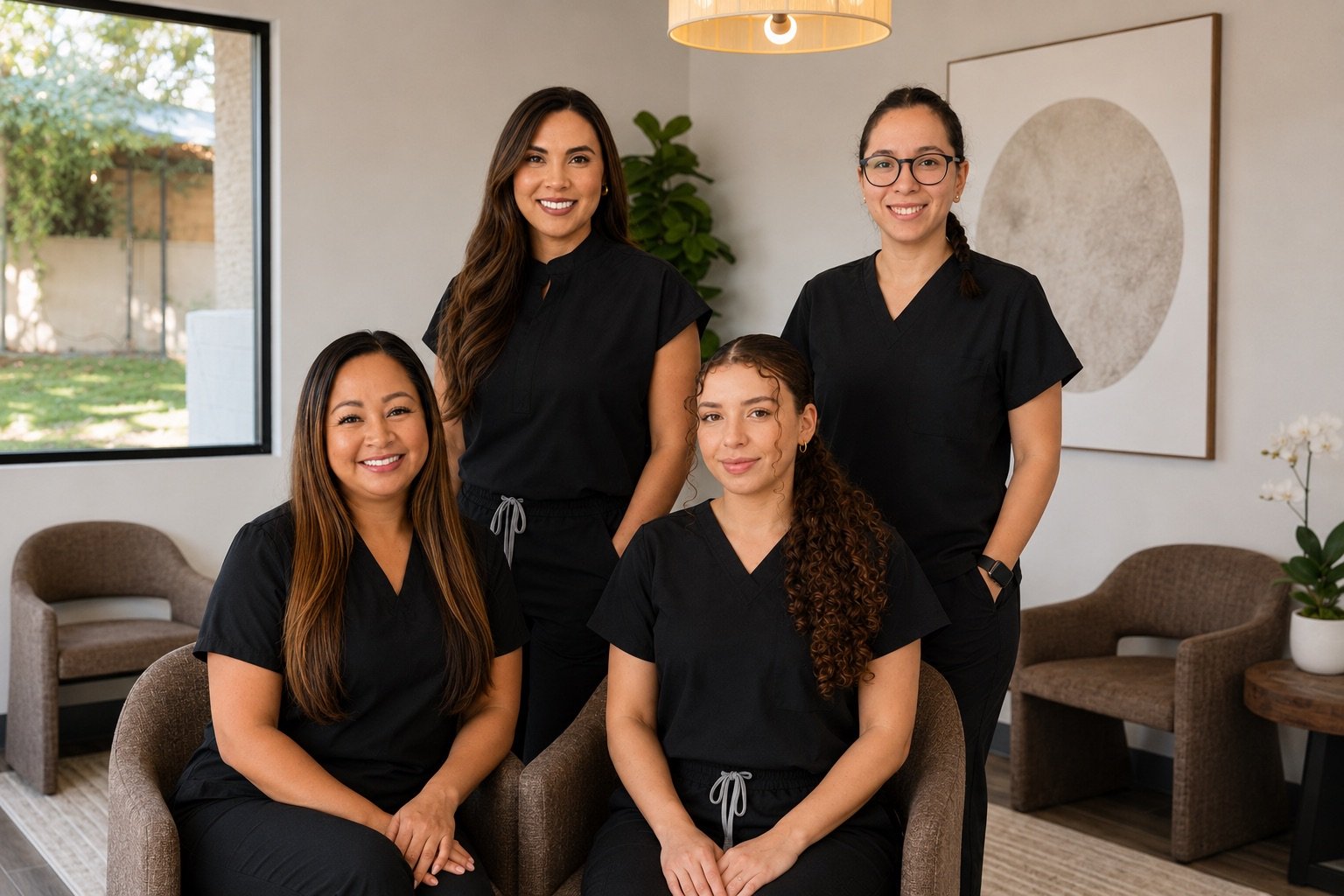 Group of four women in black scrubs inside a modern office or clinic, smiling for a photo. Two women are sitting on chairs, and two women are standing behind them. The room has large windows, potted plants, and artwork on the wall.