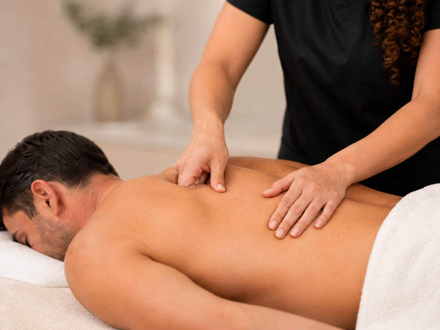 A person with dark hair is lying face down on a massage table while a massage therapist performs a back massage.