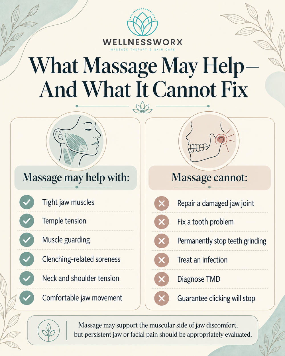 Infographic explaining what massage may help with for jaw tension and TMJ-related muscle pain and which dental, joint, or structural problems massage cannot fix.