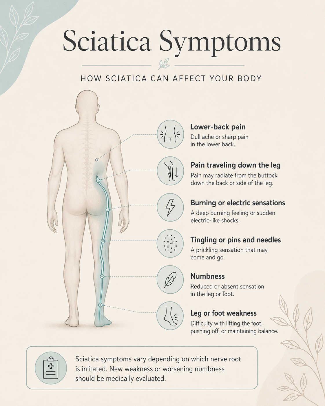 Infographic showing common sciatica symptoms traveling from the lower back and buttock down the leg.