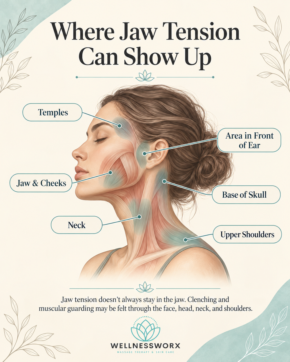 Infographic showing common areas where jaw tension and TMJ-related muscle pain may be felt, including the temples, jaw and cheeks, area in front of the ear, base of the skull, neck, and upper shoulders.
