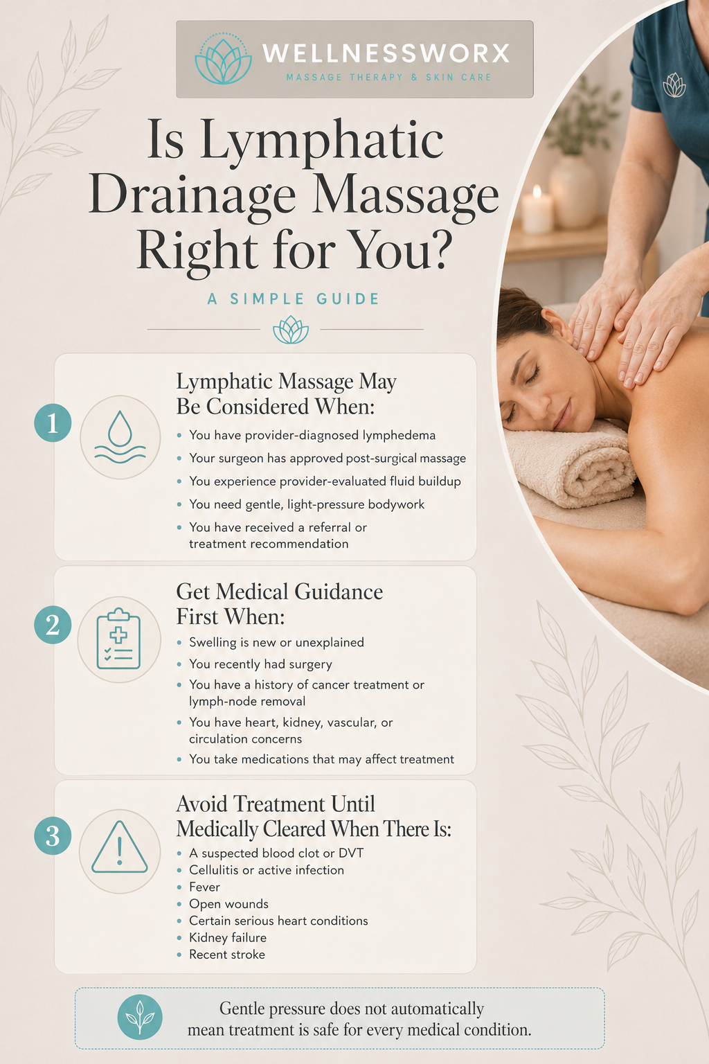 Infographic explaining when lymphatic drainage massage may be considered, when medical guidance is needed, and when treatment should be avoided.