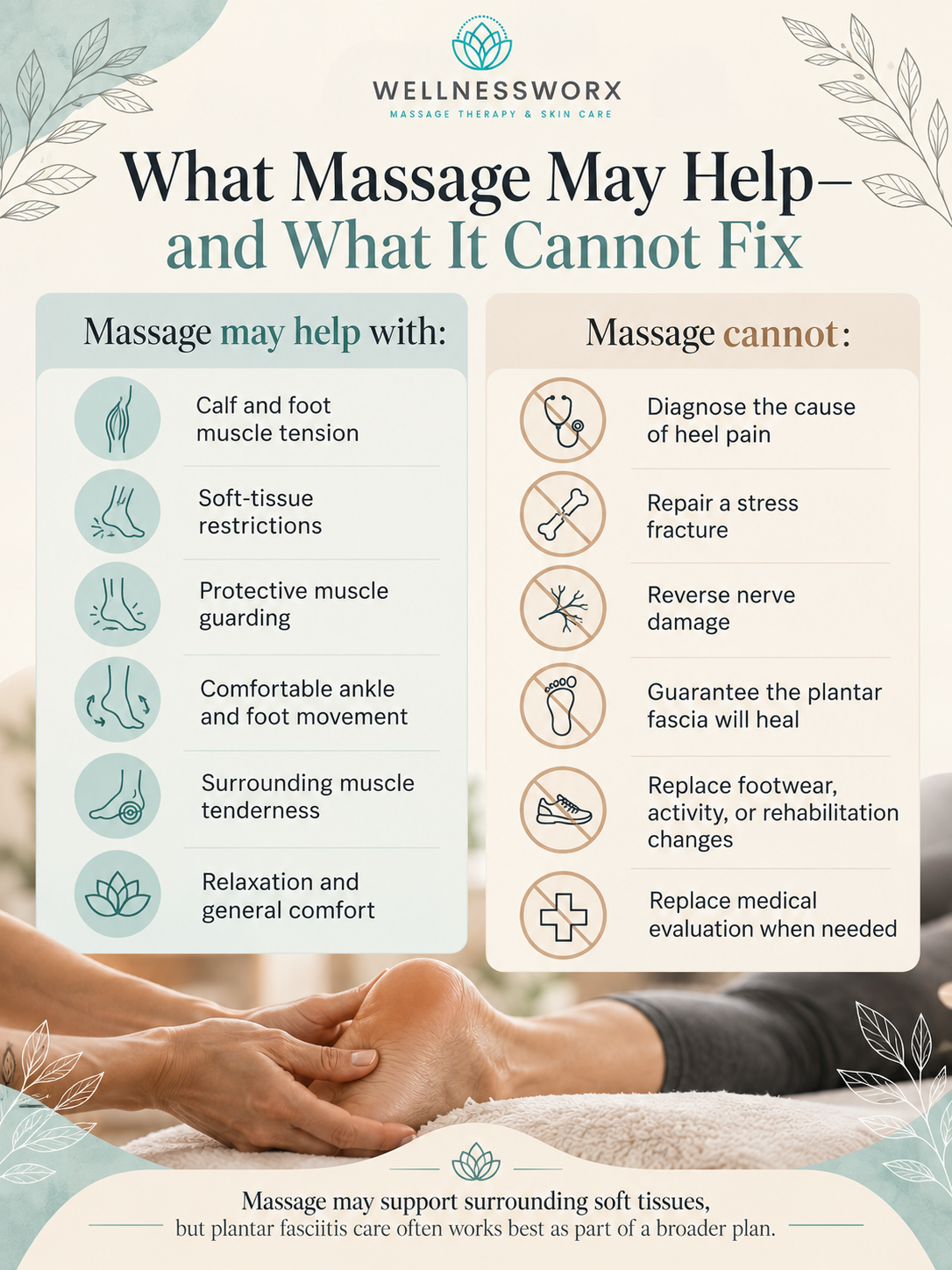 Infographic explaining what massage may help with for plantar fasciitis and foot pain and what massage cannot fix.