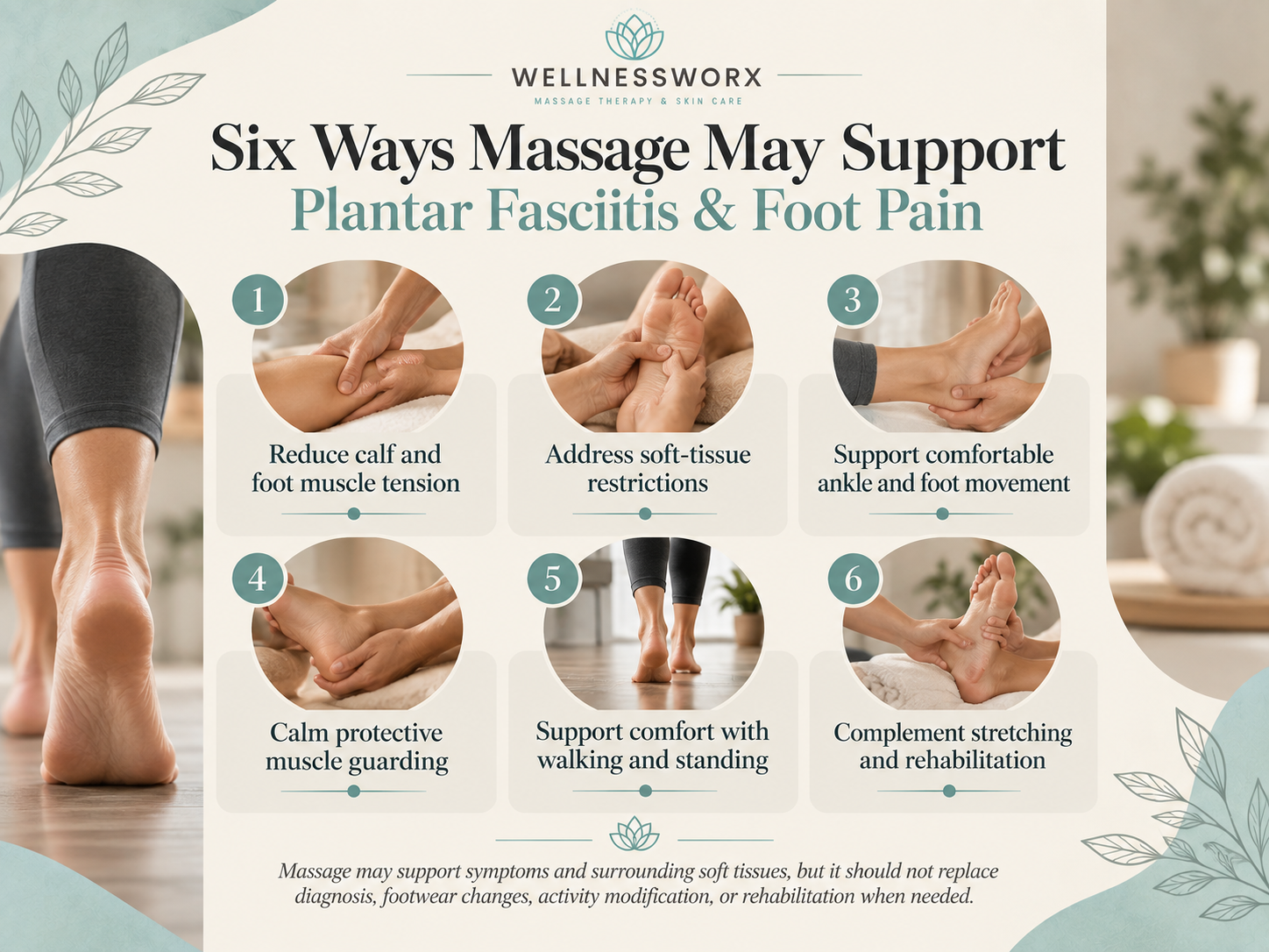 Infographic showing six ways massage may support plantar fasciitis and foot pain, including calf tension, mobility, guarding, and walking comfort.
