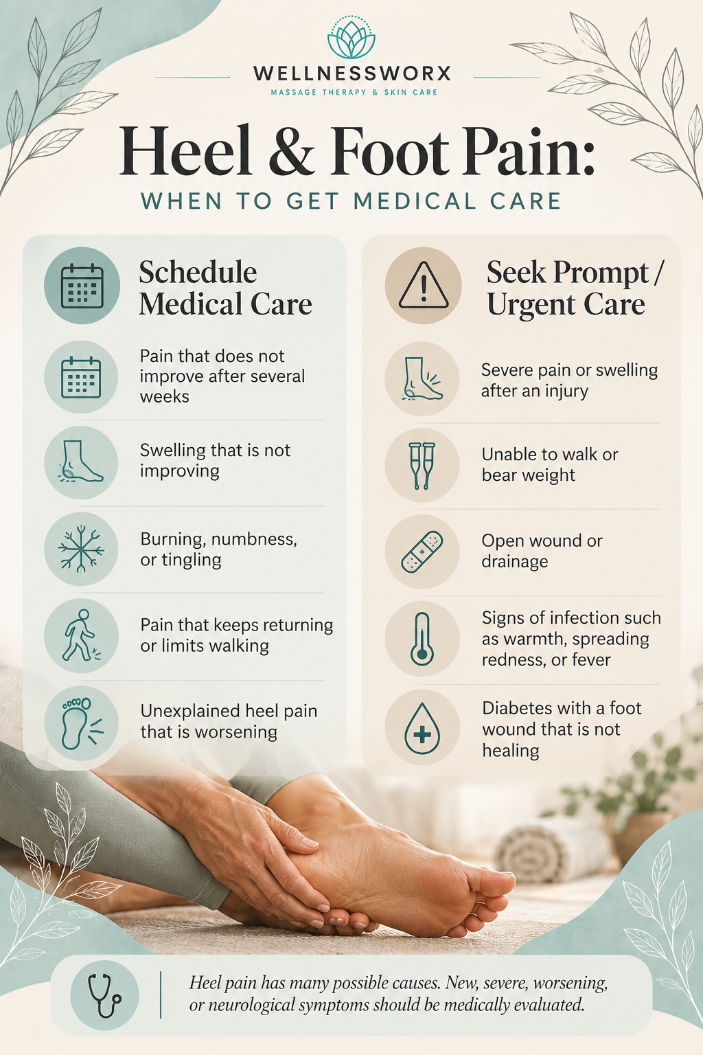 Infographic showing heel and foot pain warning signs that may require medical or urgent evaluation.