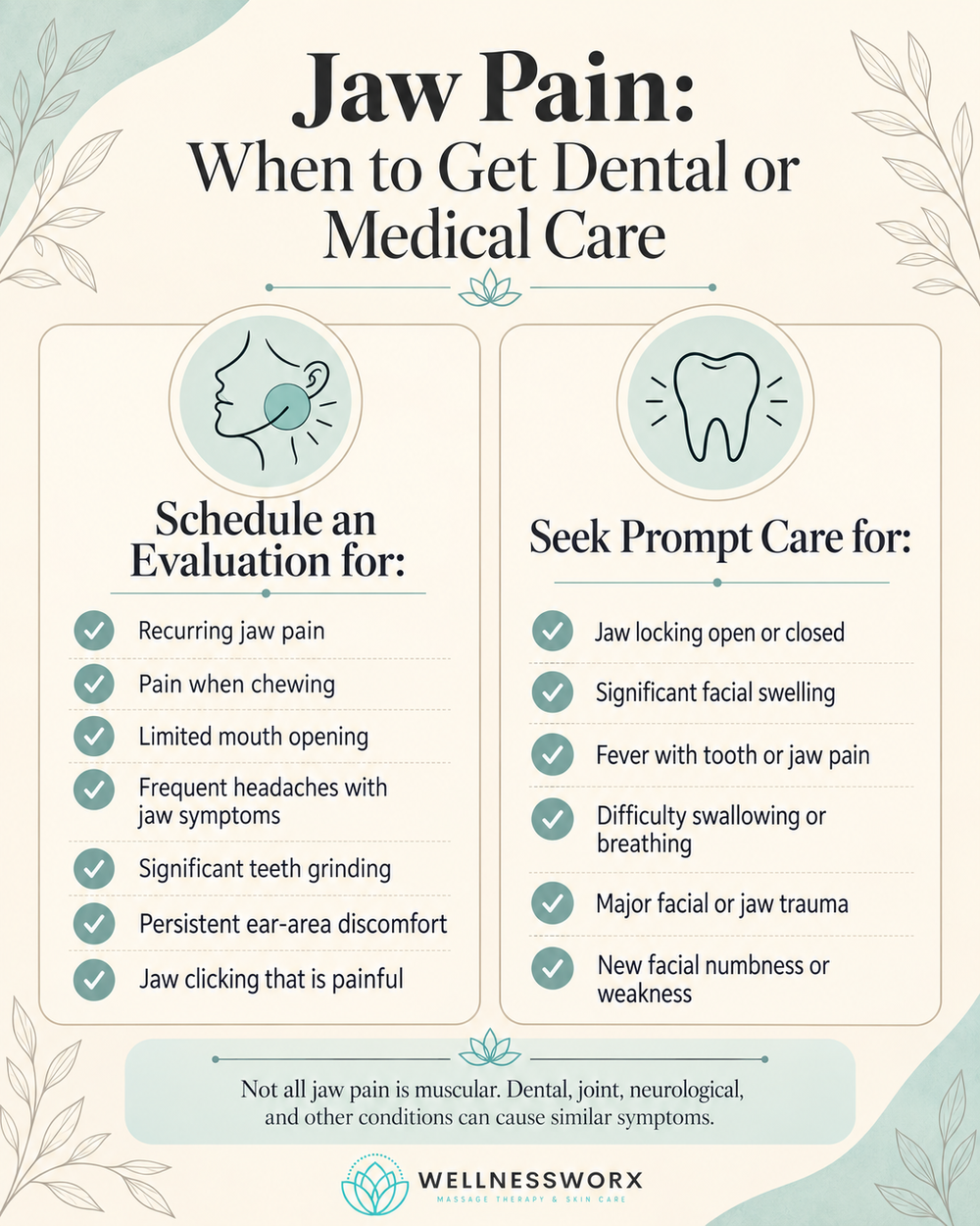 Infographic explaining when jaw pain and TMJ-related symptoms should be evaluated by a dentist or healthcare professional, including jaw locking, facial swelling, painful chewing, and neurological symptoms.