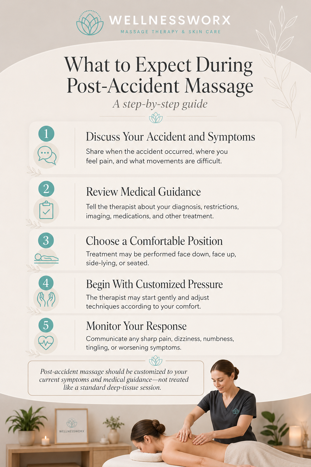 Five steps showing what clients can expect during a post-accident medical massage appointment at WellnessWorx.