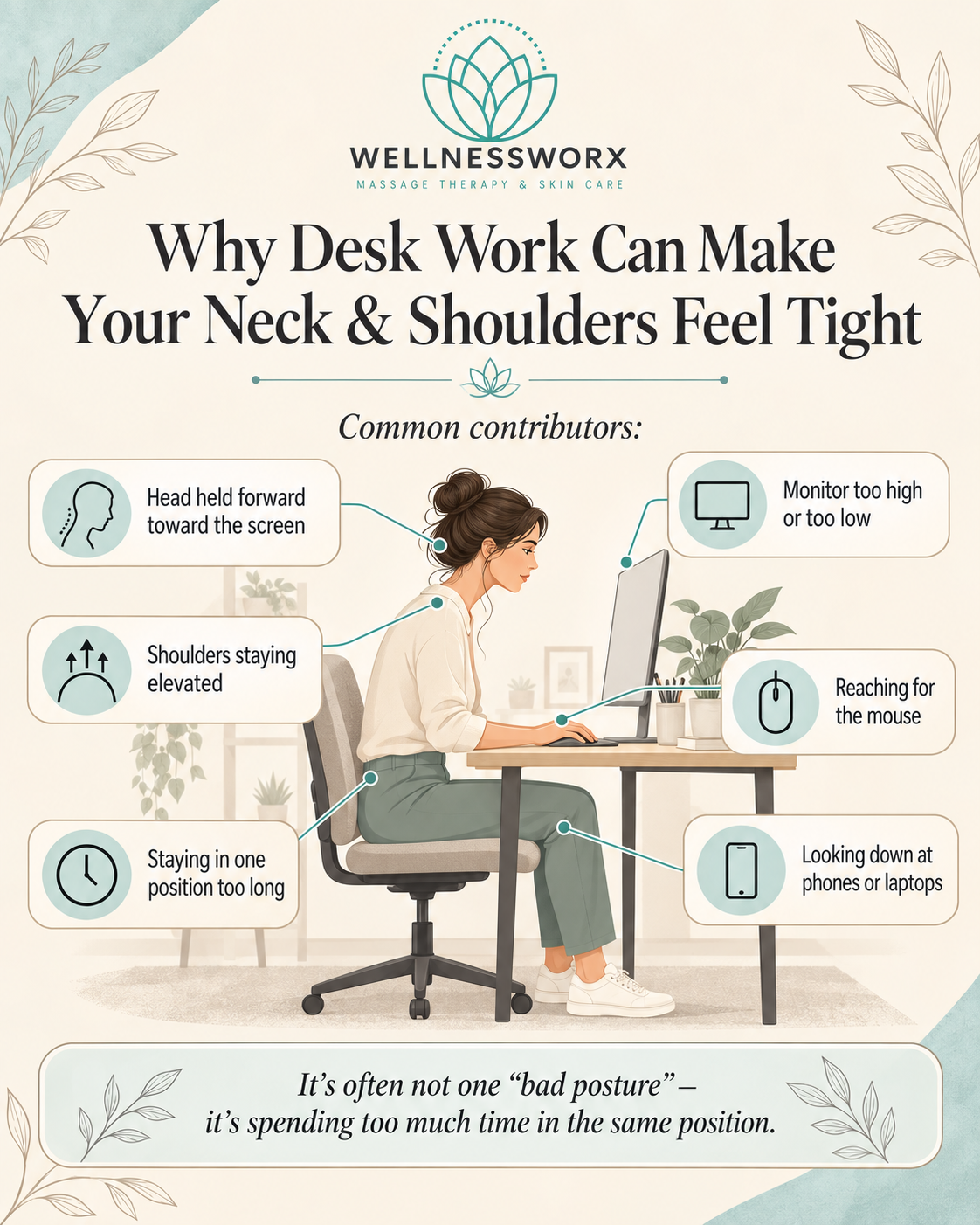 Infographic showing common desk-work habits that may contribute to neck and shoulder muscle tension.