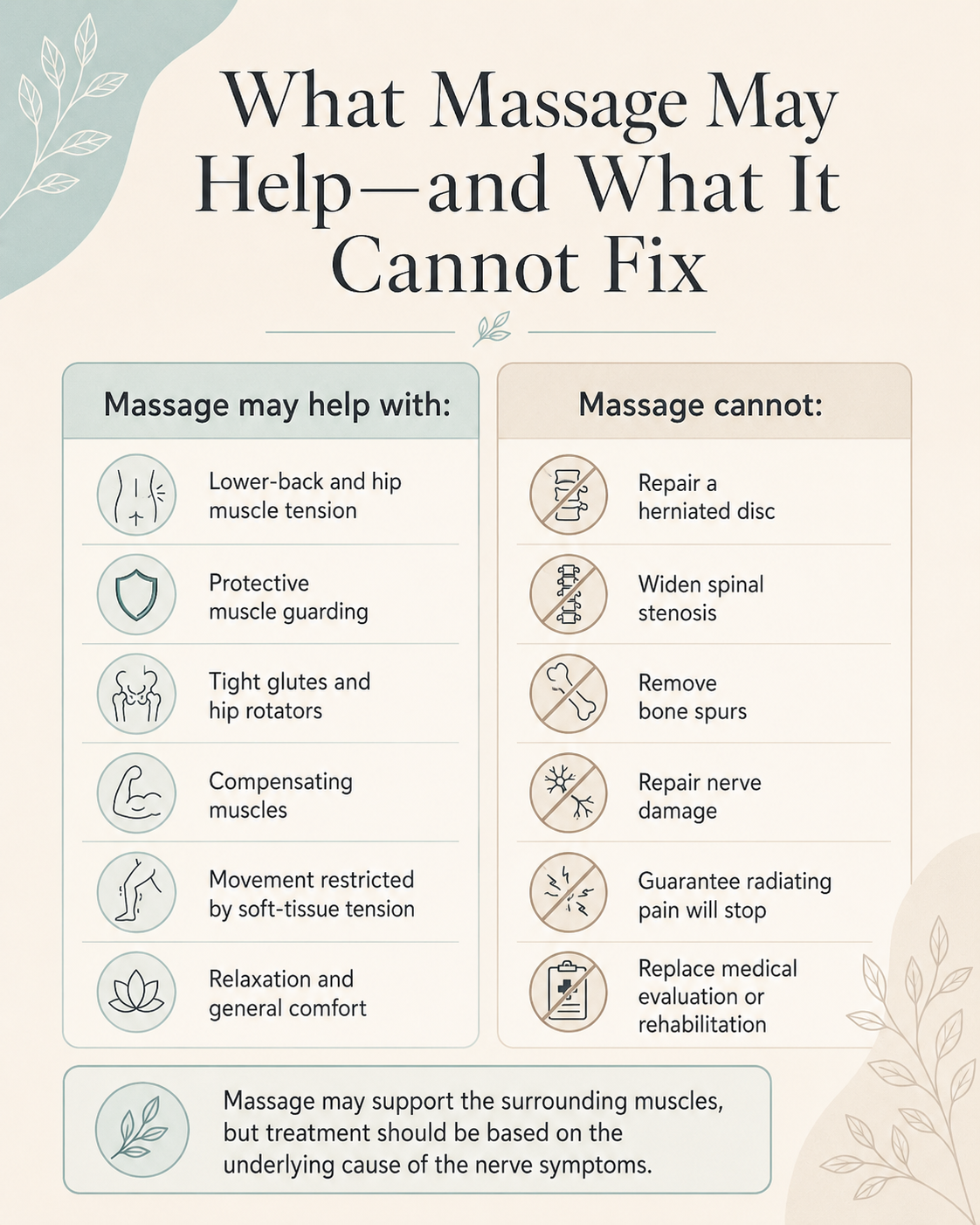 Comparison infographic explaining which sciatica-related symptoms massage may support and which underlying conditions massage cannot correct.