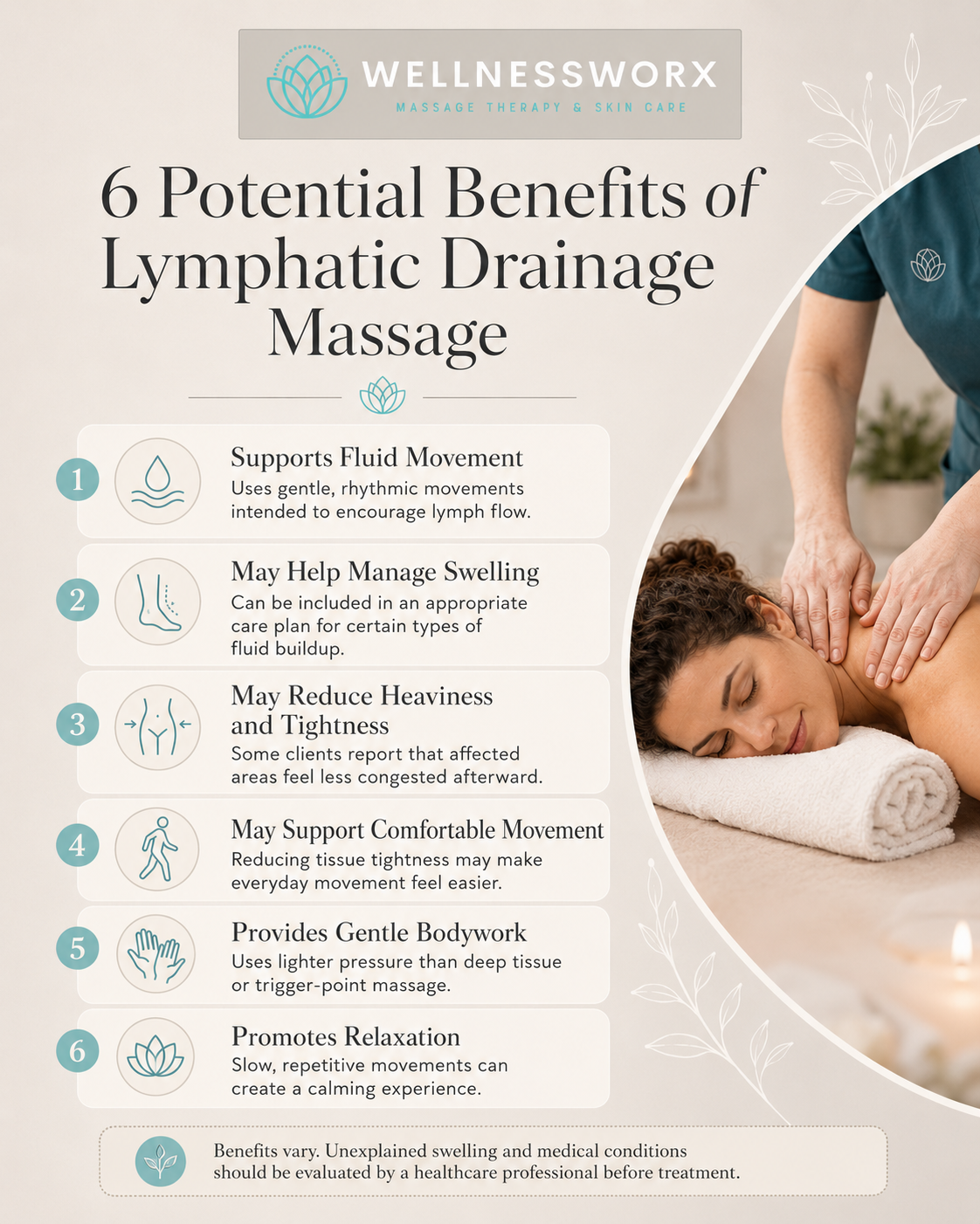Infographic showing six potential benefits of lymphatic drainage massage, including fluid movement, swelling support, comfortable movement, gentle bodywork, and relaxation.