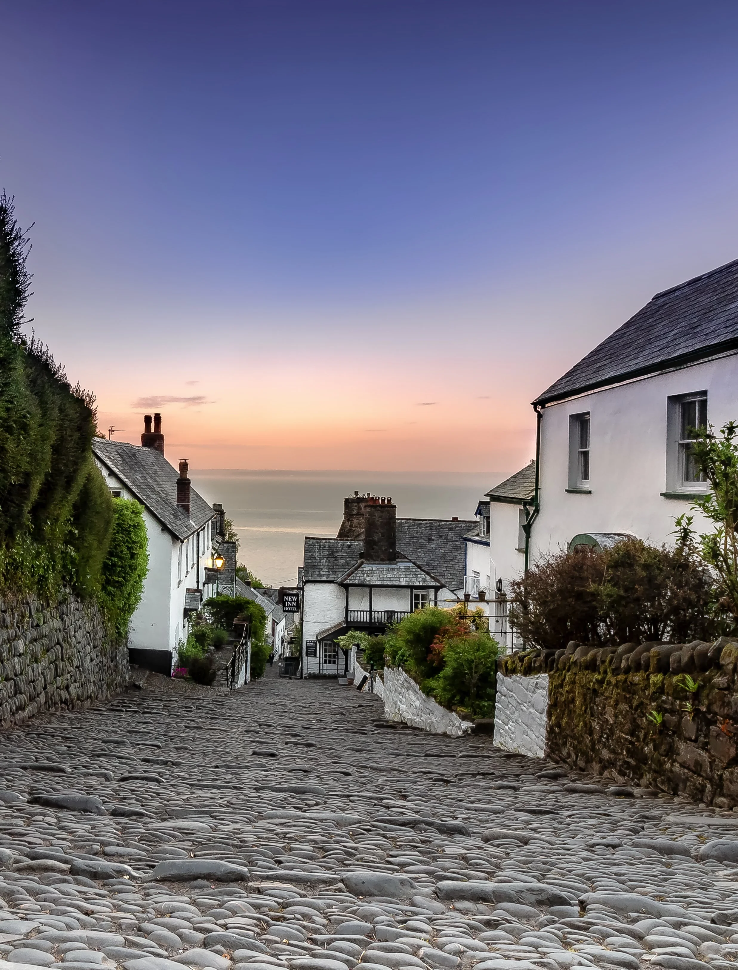 Photo by Kim Stone of Clovelly, Cobblestone street in a coastal village at sunset with white houses on either side, green bushes, and the ocean view in the background.