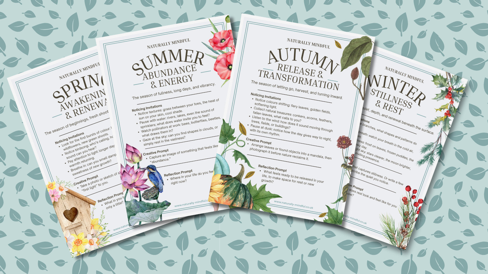 Three seasonal mindfulness guides titled Spring, Summer, Autumn, and Winter with illustrations of flowers, leaves, and nature elements on each page.