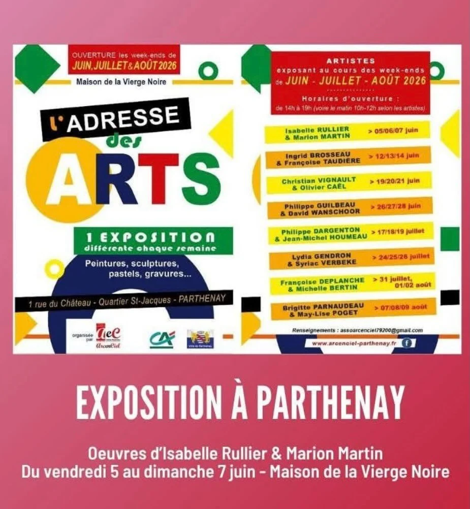 Pendant trois jours, j&rsquo;ai le plaisir de pr&eacute;senter ma collection de pastels dans le cadre de L&rsquo;Adresse des Arts, organis&eacute;e par l&rsquo;association Arc-en-Ciel Parthenay, au c&oelig;ur du quartier historique de Parthenay.

J&r