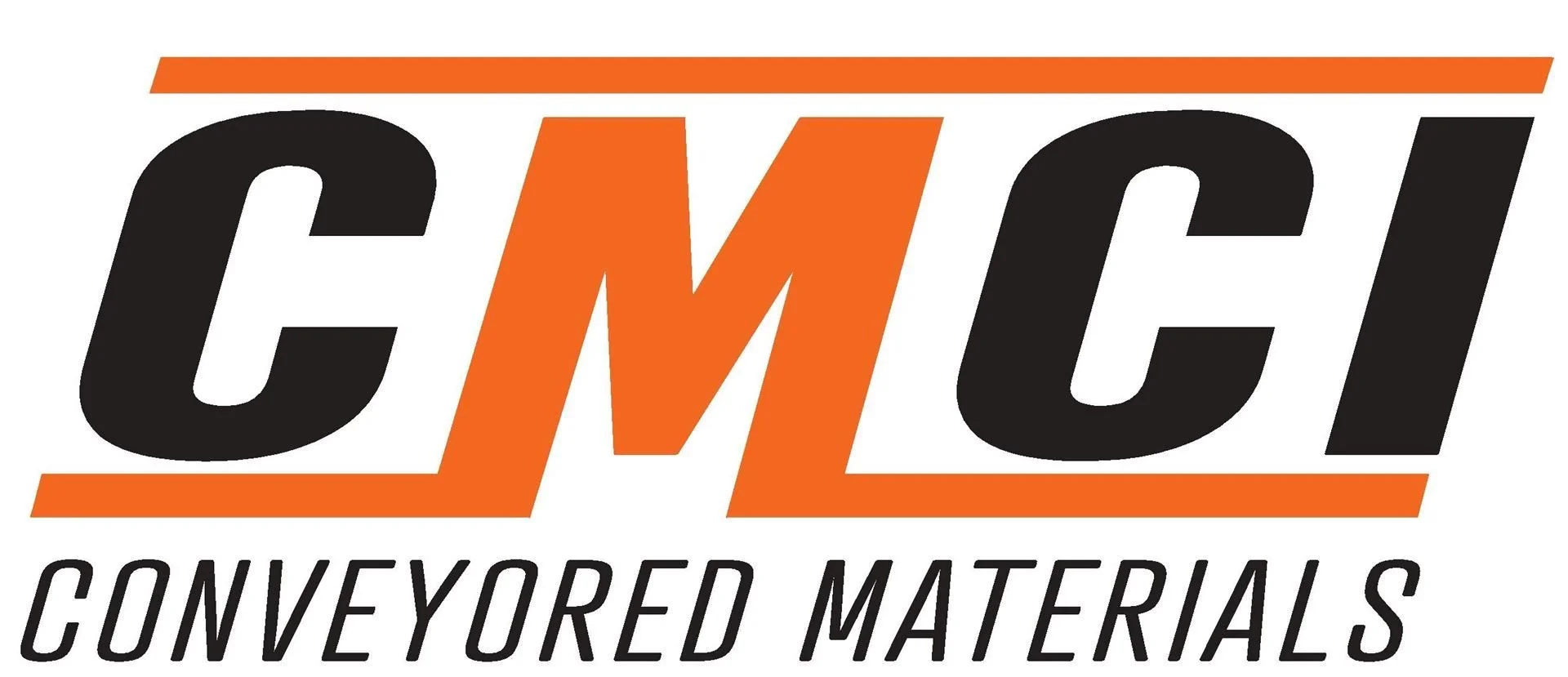 Logo for CMC Conveyored Materials with the letters 'CMC' in black and orange, surrounded by black and orange borders, and the words 'Conveyored Materials' below.