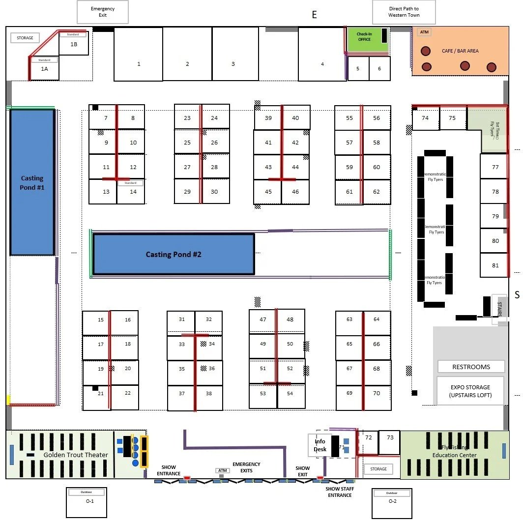 A detailed layout of an event venue with multiple booths, casting ponds, an orange cafe/bar area, restrooms, an education center, and stage areas. Key areas include Casting Pond #1 and #2, a check-in office, and a demonstration fly tyers section.