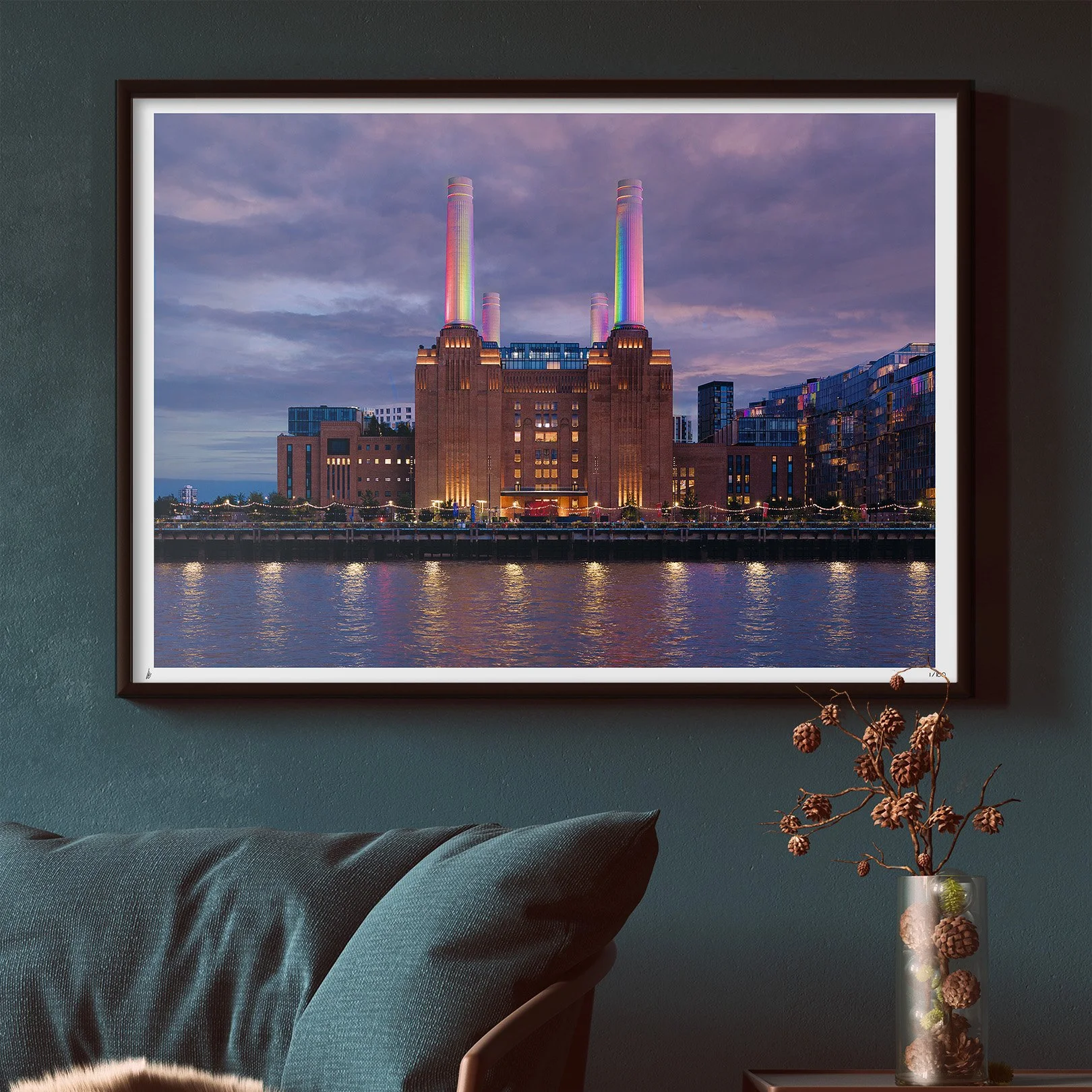Home decor wall art photo print Battersea Power Station London at sunset with LGBTQ Pride rainbow colors.