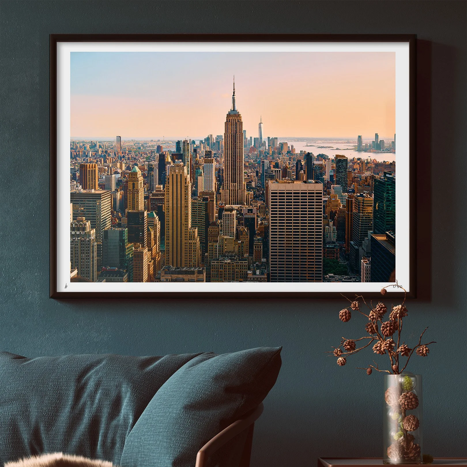 Photo Print of the Empire State Building in New York during sunset overlooking Downtown displayed in a modern apartment. Home decor, frame, poster, urban, home decoration, lifestyle