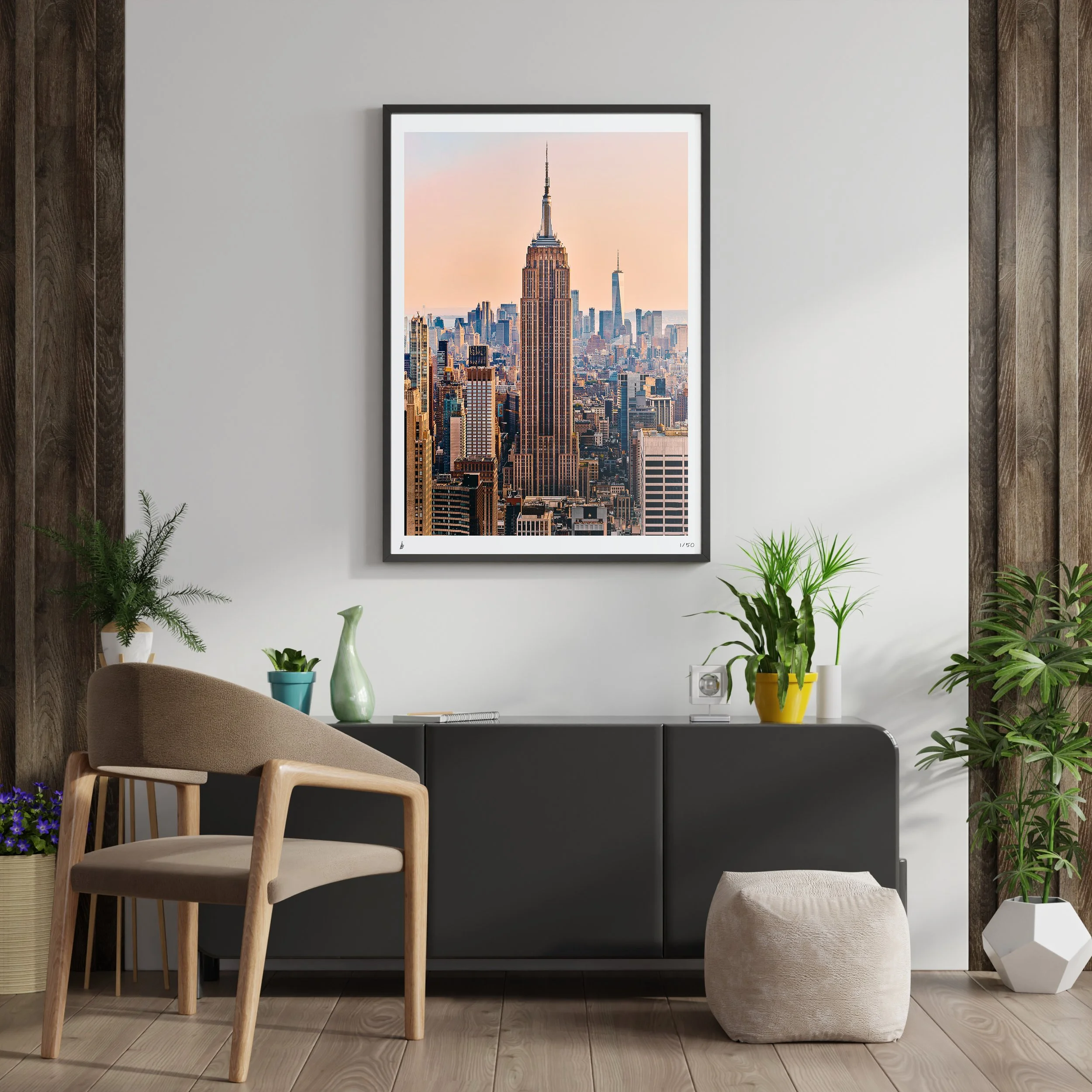 Photo Print of the Empire State Building in Manhattan during sunset overlooking downtown New York framed and handing in a modern apartment