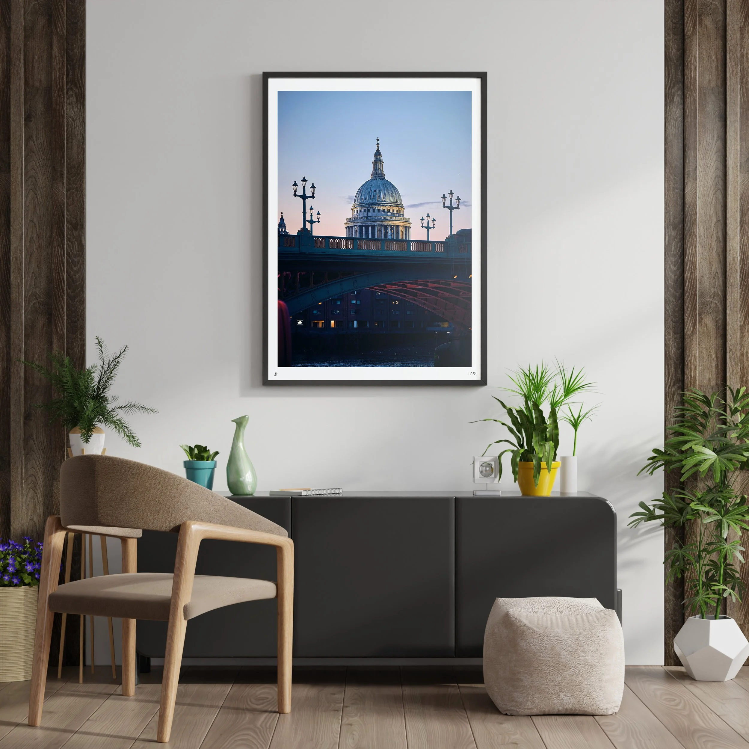 Photo print of St Pauls Cathedral in London during sunset with Southwark bridge framing it.