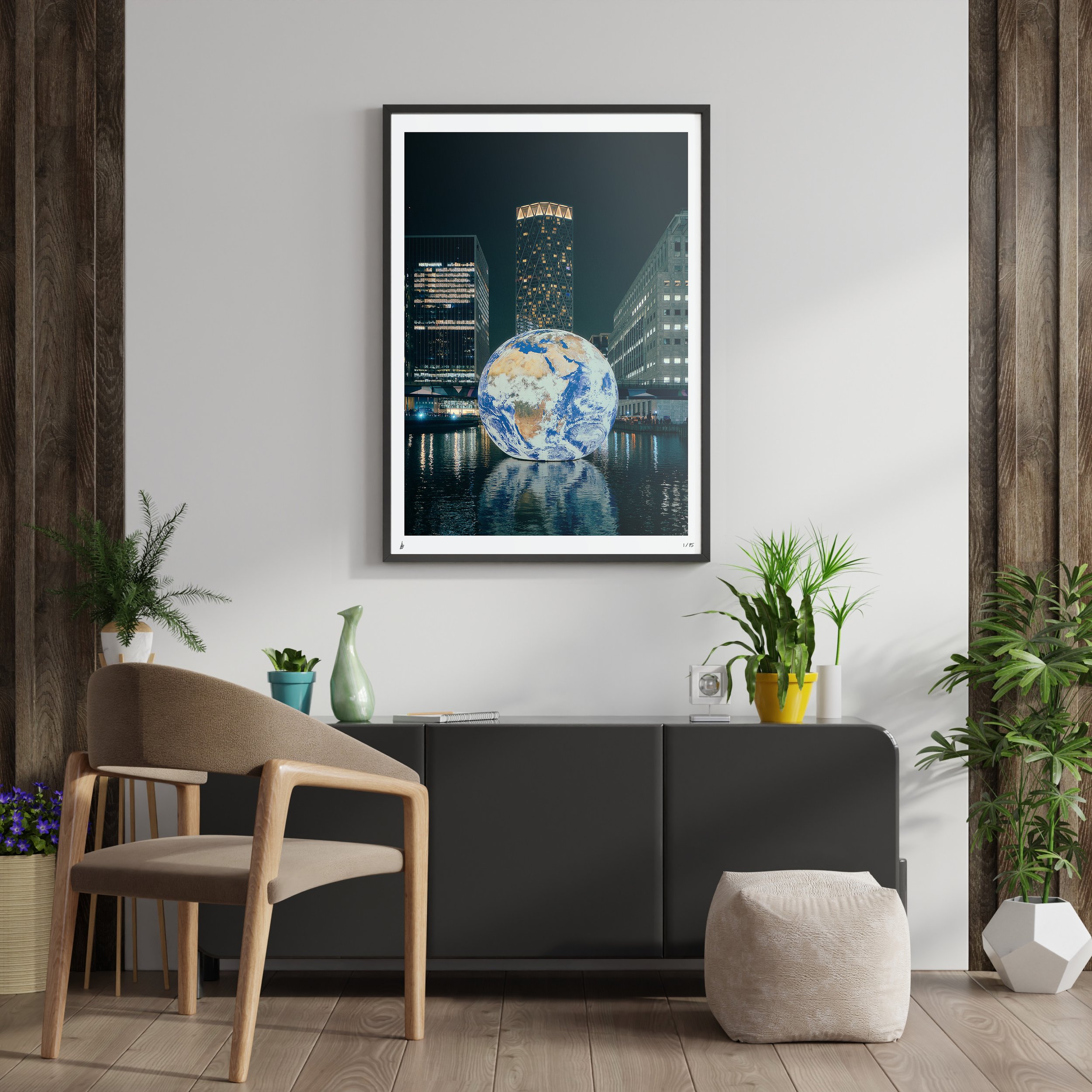 High-quality Photo Print of a glowing Planet Earth sculpture floating in a wharf in Canary Wharf, London. Home decor, frame, poster, urban, home decoration, lifestyle