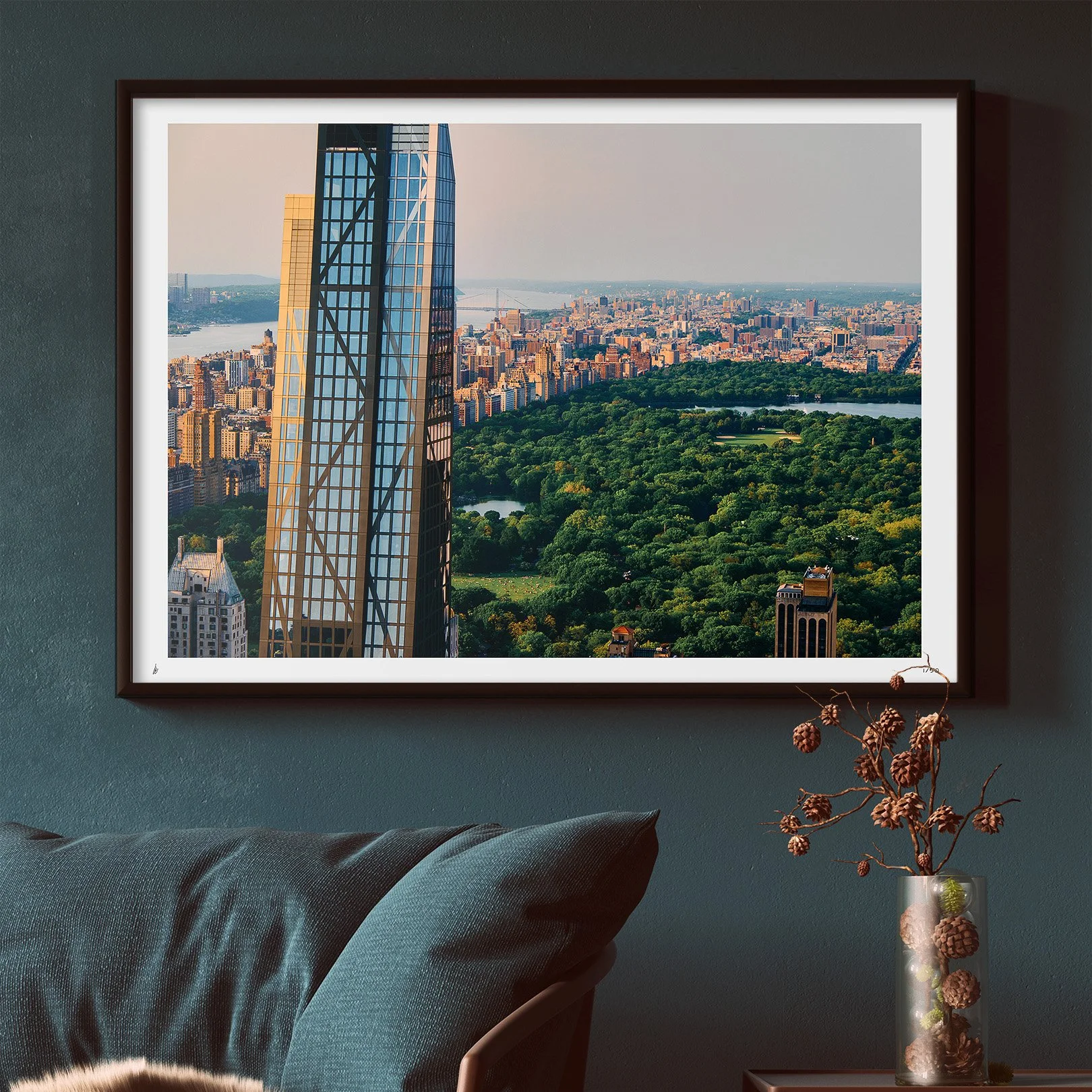 Photo Print of a high rise in Manhattan during sunset overlooking Central Park hanged in a modern living room