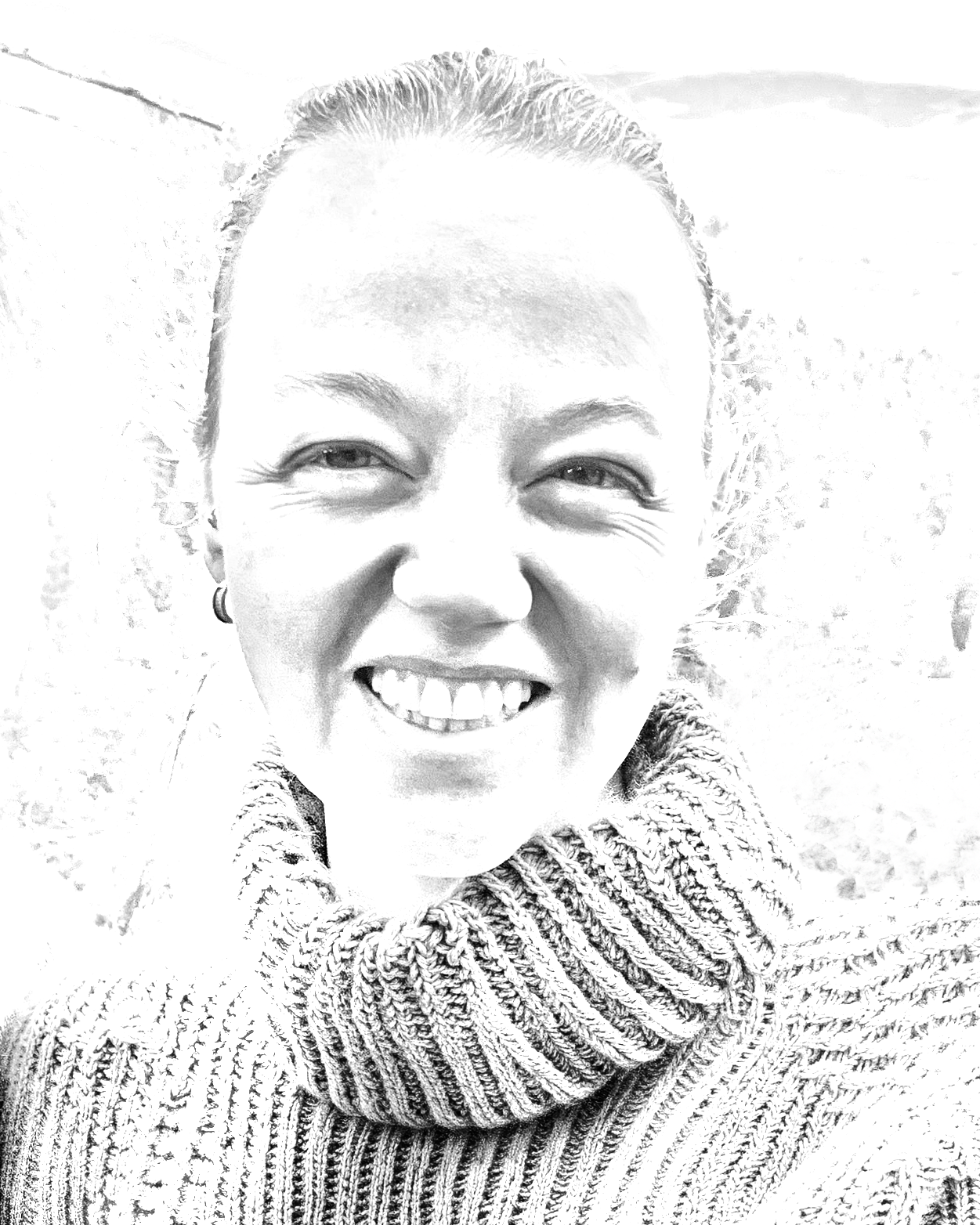 Pencil image of Mia Deschamps, smiling directly into the camera, with a knit turtle-neck sweater and small hoop earring