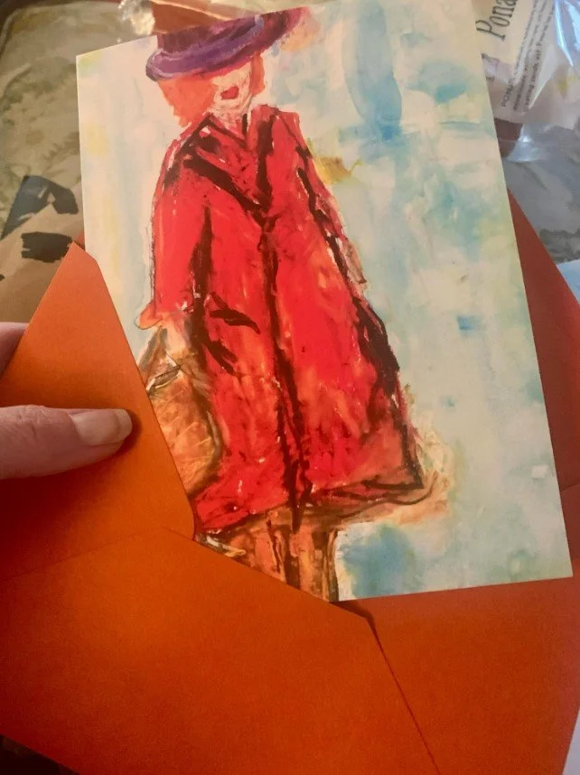 "Confidence." Mixed media created and designed as 5x7 card with A7 envelopes (one burnt sienna and one white) printed on hemp paper, numbered 1 of 10 and signed by the artist (that's me). Stockist: Kaleidoscope Art Supply in Rutland, VT. Inquire abou