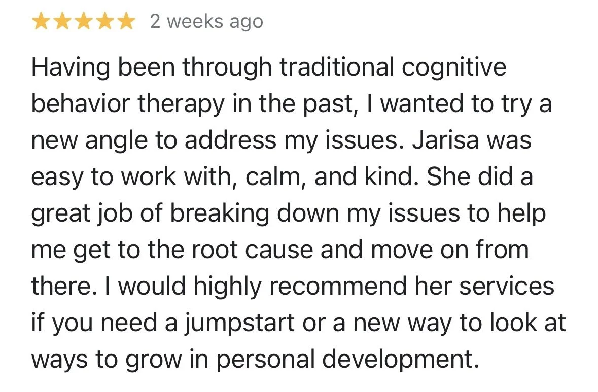 Customer review of therapy service with five-star rating, discussing positive experiences with therapist Jarisa.