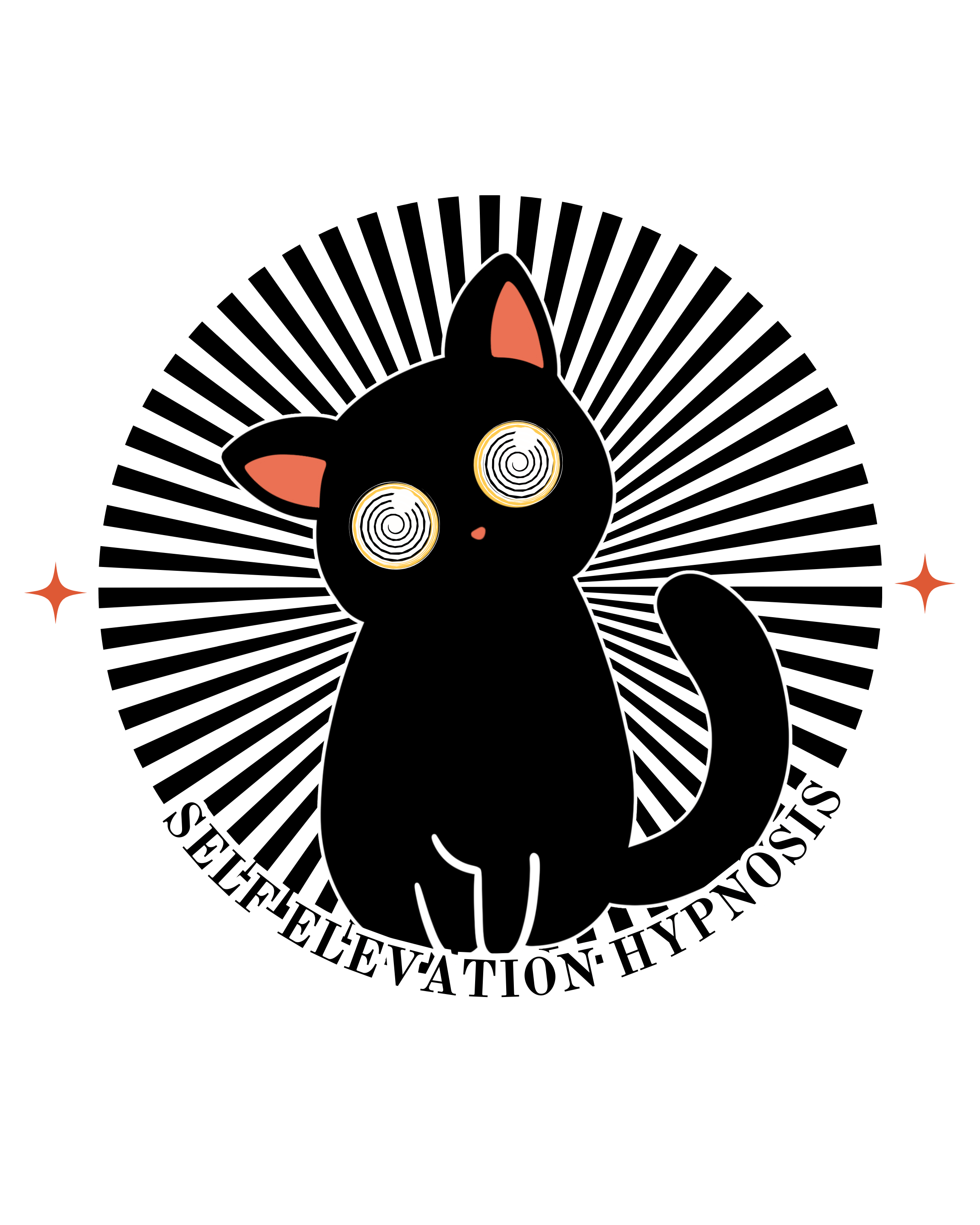 Self Elevation Hypnosis's logo that looks like a black cartoon cat with spiral eyes surrounded by radiating white lines, with the words 'Self Elevation Hypnosis' encircling the cat.
