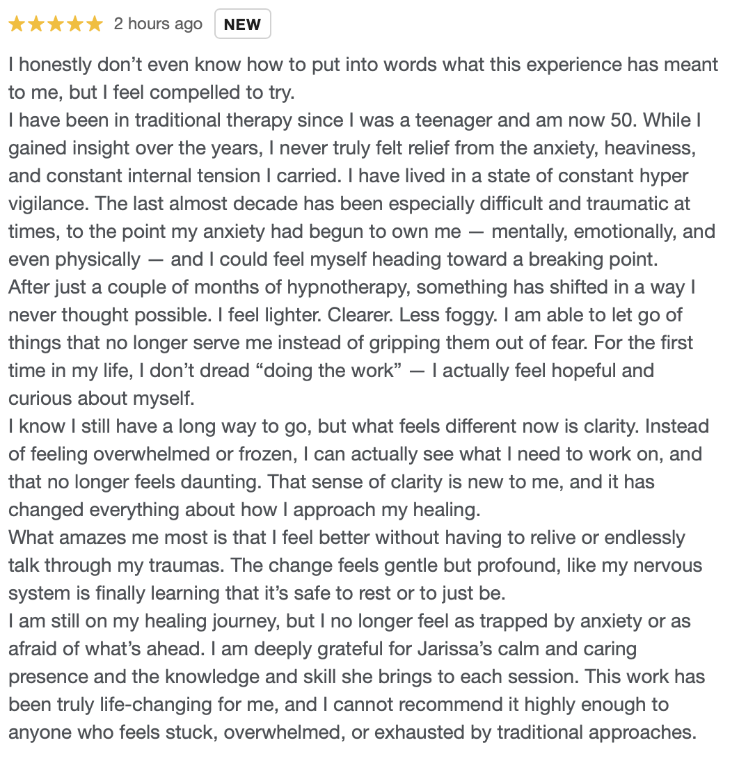 Customer review describing positive experience with therapy, mentioning reduced anxiety, increased clarity, and emotional healing.