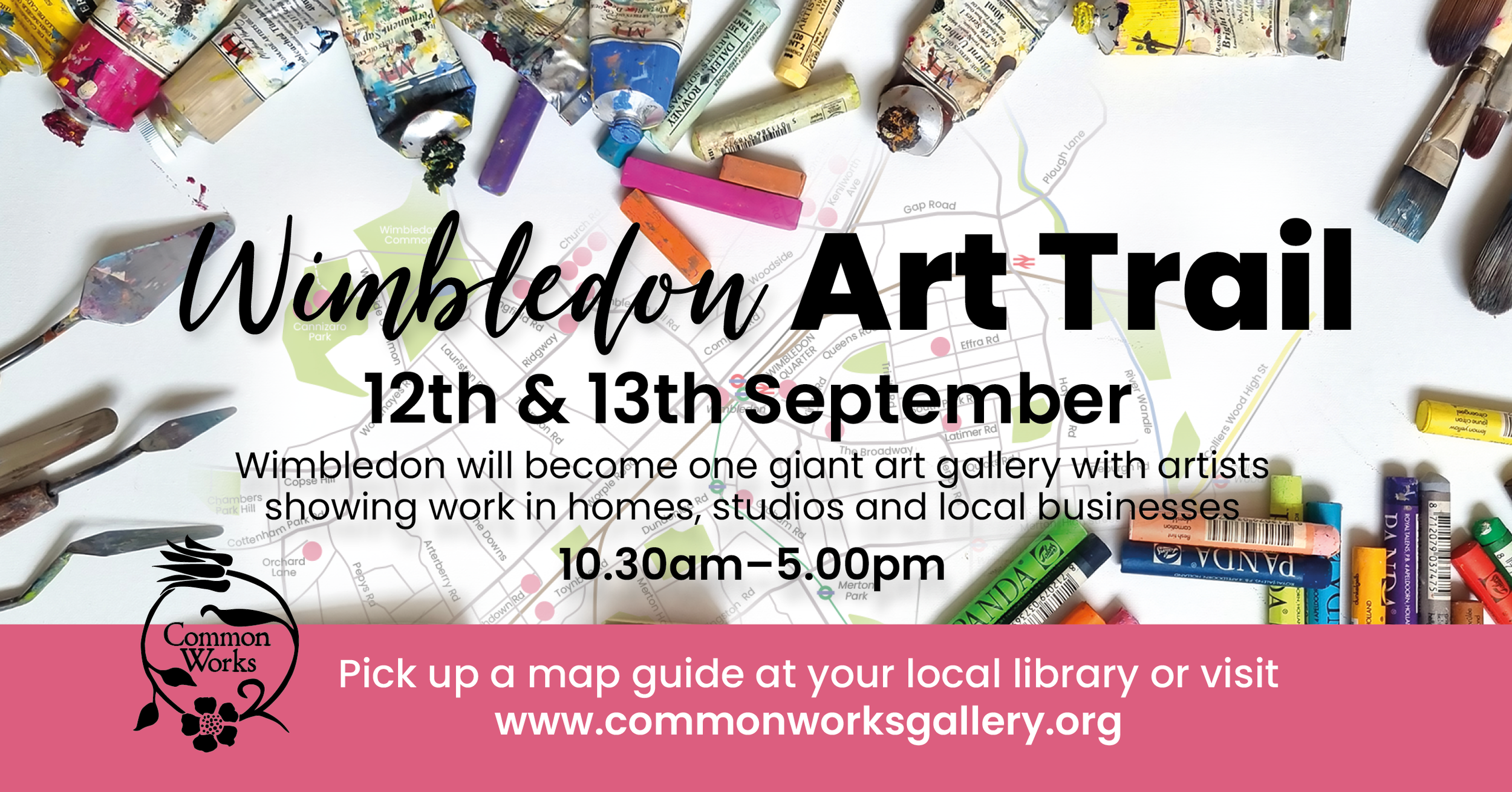Art materials and map background with information about an art trail in Wimbledon this September