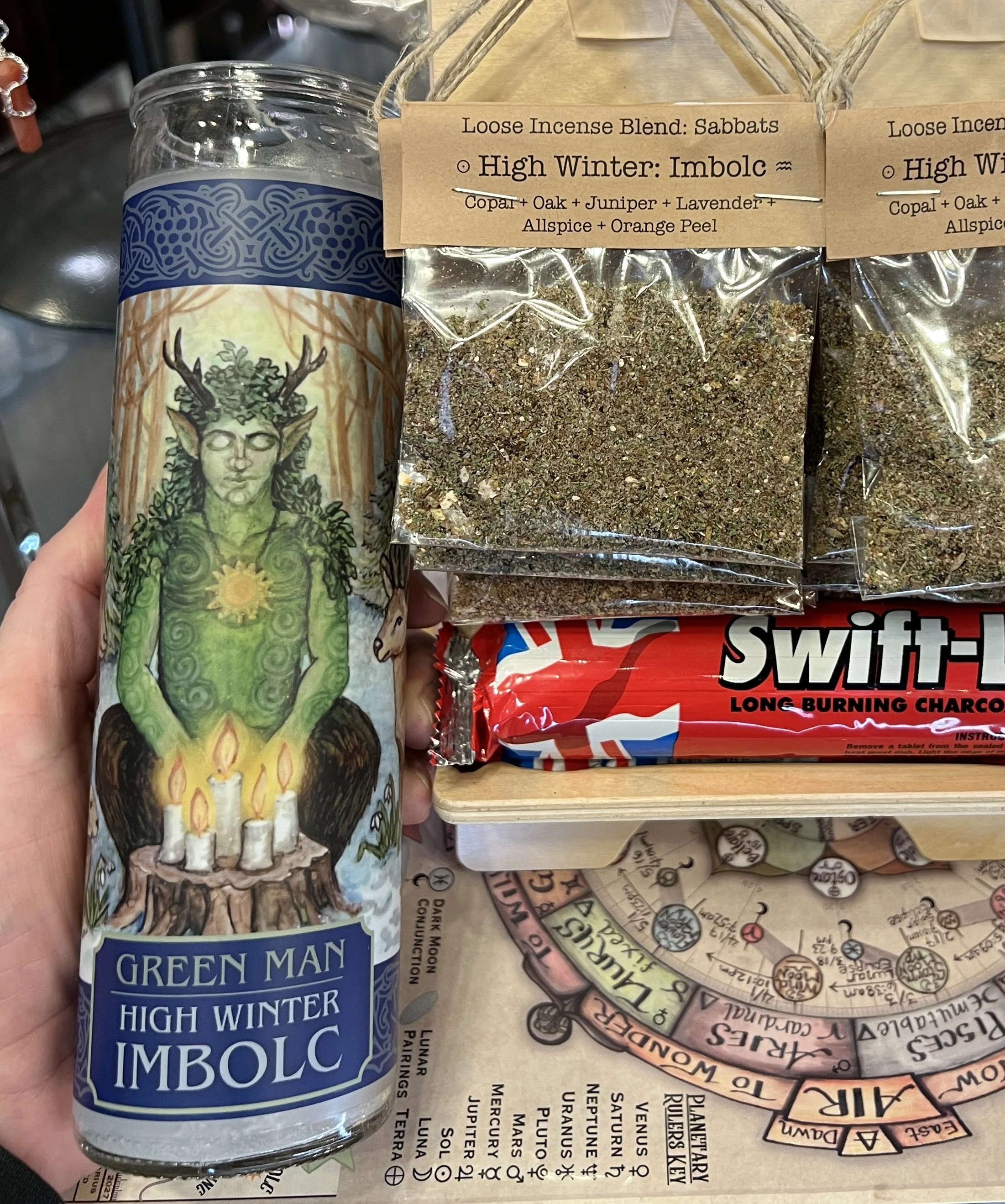 Imbolc Green Lad Candle Displayed.JPG
