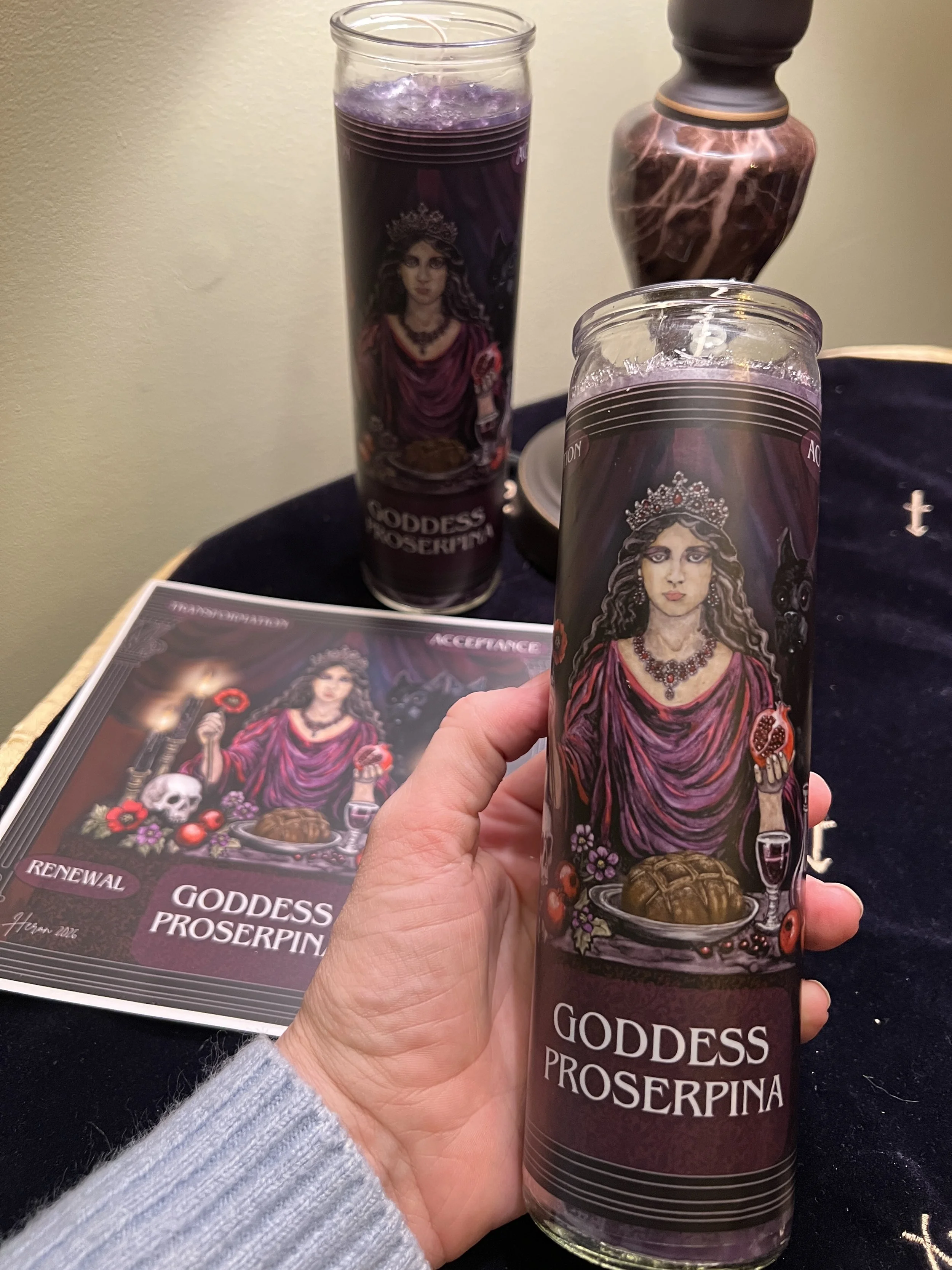 Goddess Proserpina Persephone Candle and Sticker.JPG