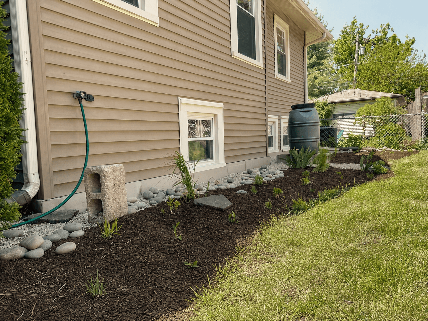 Gravel, river rock, a rain barrel, native prairie plants, and a cleaner edge turned this side yard into a more functional, habitat-friendly garden space.