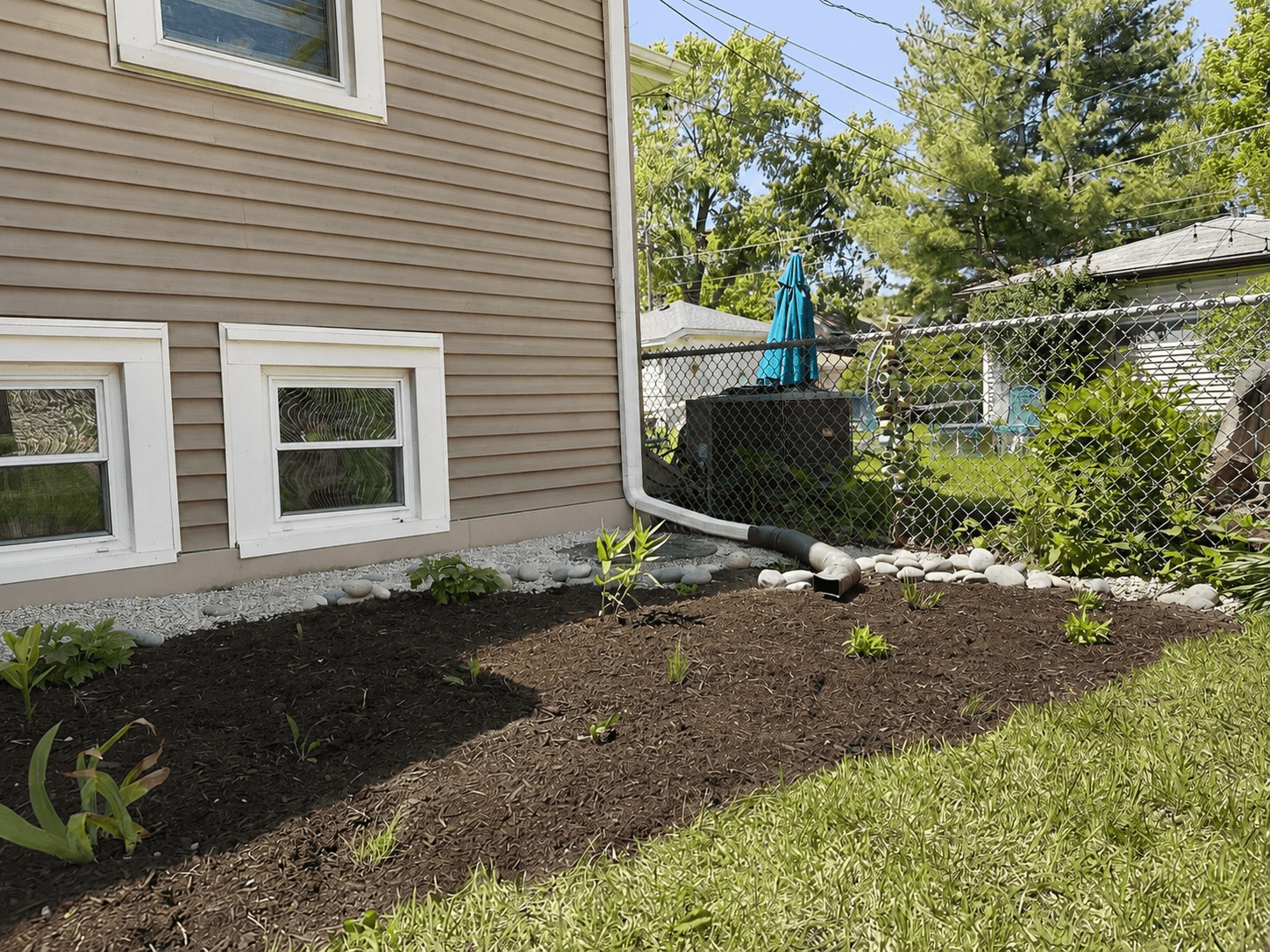 River rock softens the foundation edge while young native grasses and perennials begin settling into this newly planted Berwyn side yard.