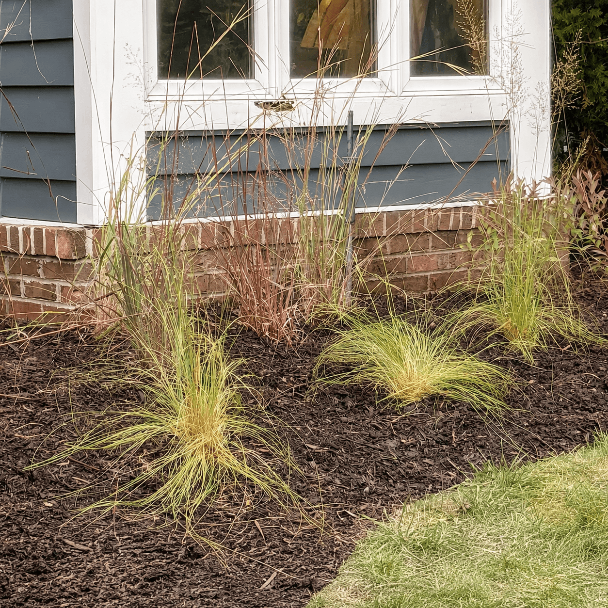 Native grasses, soft texture, and layered plantings bring movement back to the foundation beds.