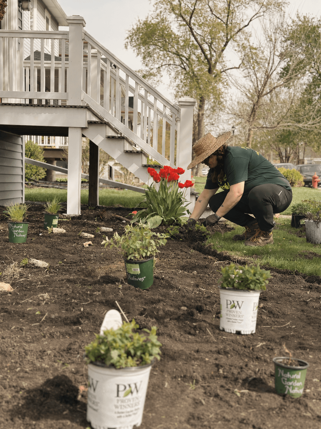 Landscape designer installing native perennials and pollinator plants in a newly shaped front yard garden bed beneath a raised deck in Berwyn, Illinois, featuring fresh soil prep, layered plantings, and spring tulips.