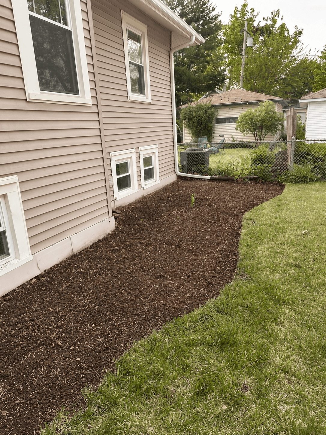 Side yard prep: a narrow Berwyn side yard after turf removal, fresh bed shaping, preserved milkweed, and mulch. Not finished yet, but the bones are in.