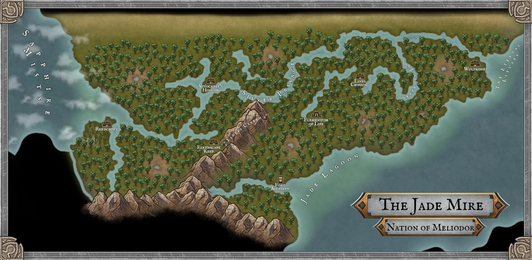 Map of the Jade Mire, Nation of Meliodor, showing forests, mountains, rivers, lakes, and various locations such as Elders Cave, Elemenutm of Life, Wulforn, the Estuary, Reedcroft, and Fort Alcaskryn.