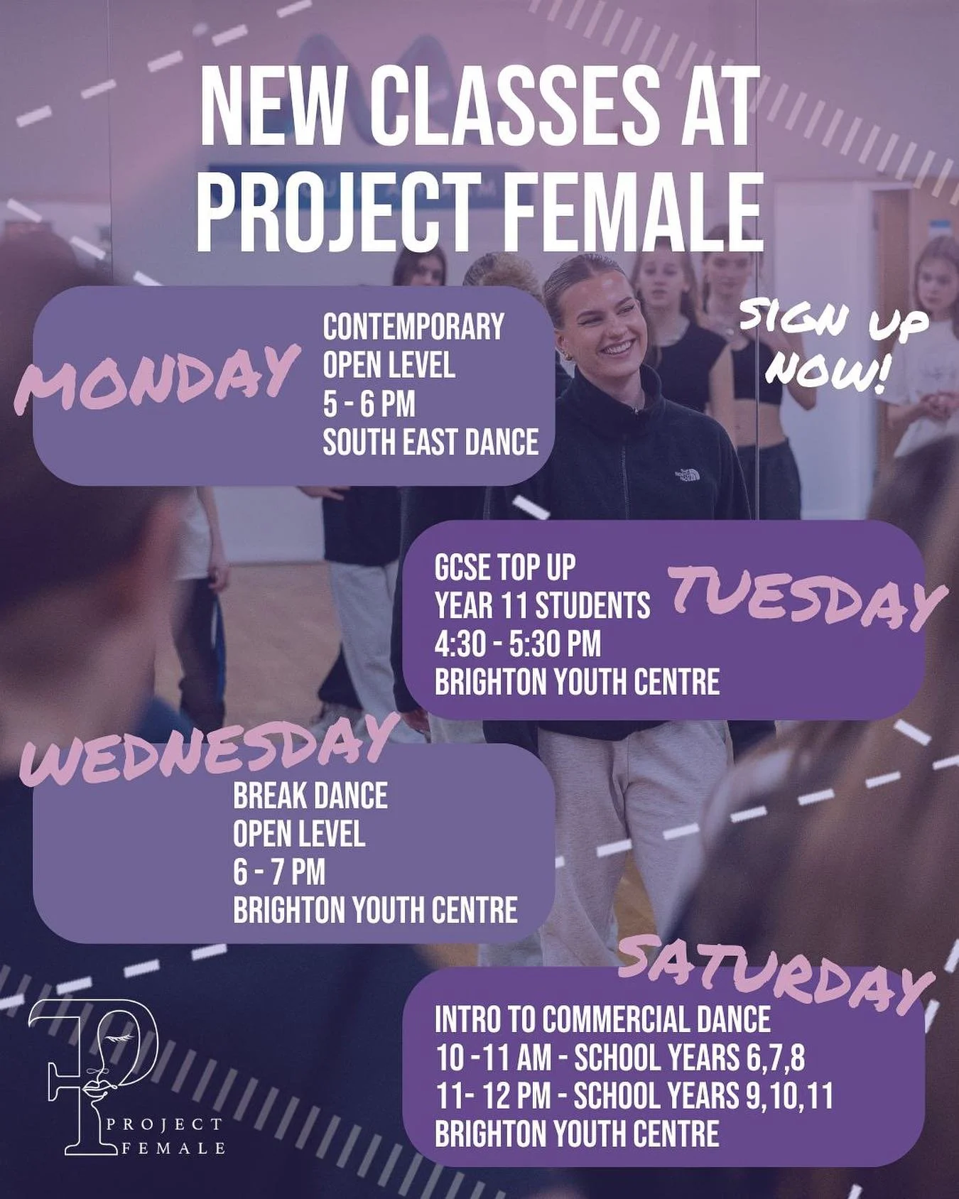✨NEW CLASSES ALERT✨
We are SO excited to be launching a handful of brand new classes at Project Female starting after half term! 💜
💜Monday: Contemporary (open level) - 5-6pm @southeastdance 
💜Tuesday: GCSE Top Up - 4:30-5:30pm @brightonyouthcent