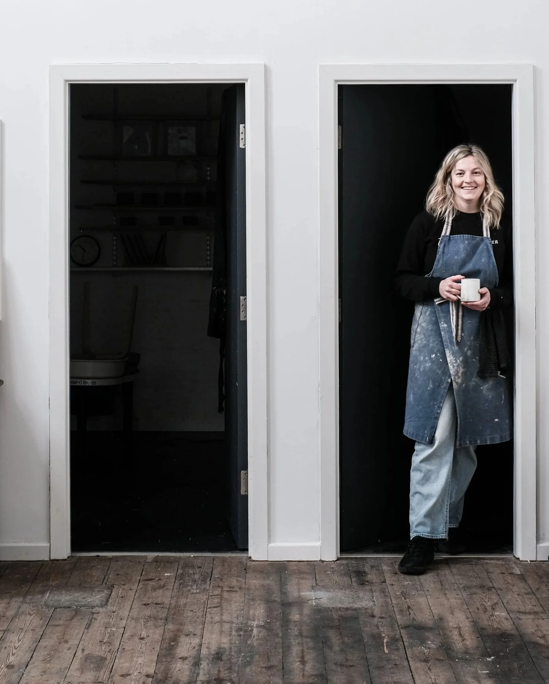 Emma the potter in her Macclesfield pottery studio