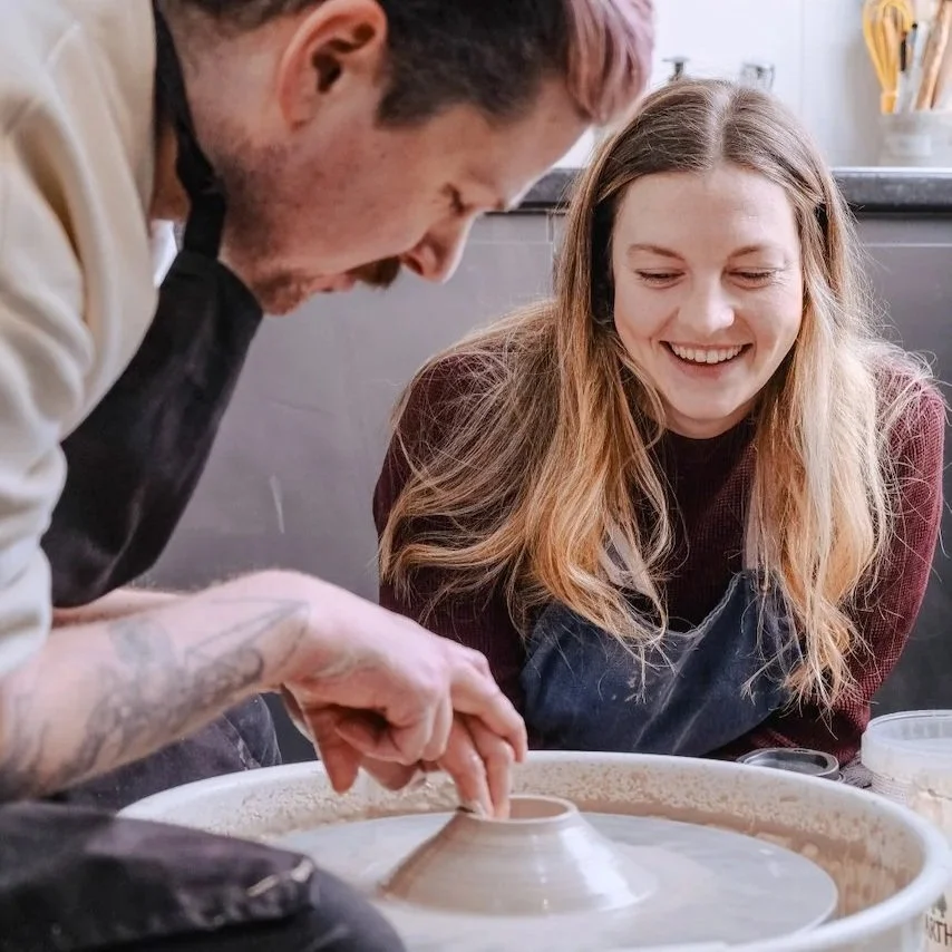 Emma, teaching pottery on the wheel in Macclesfield, Cheshire