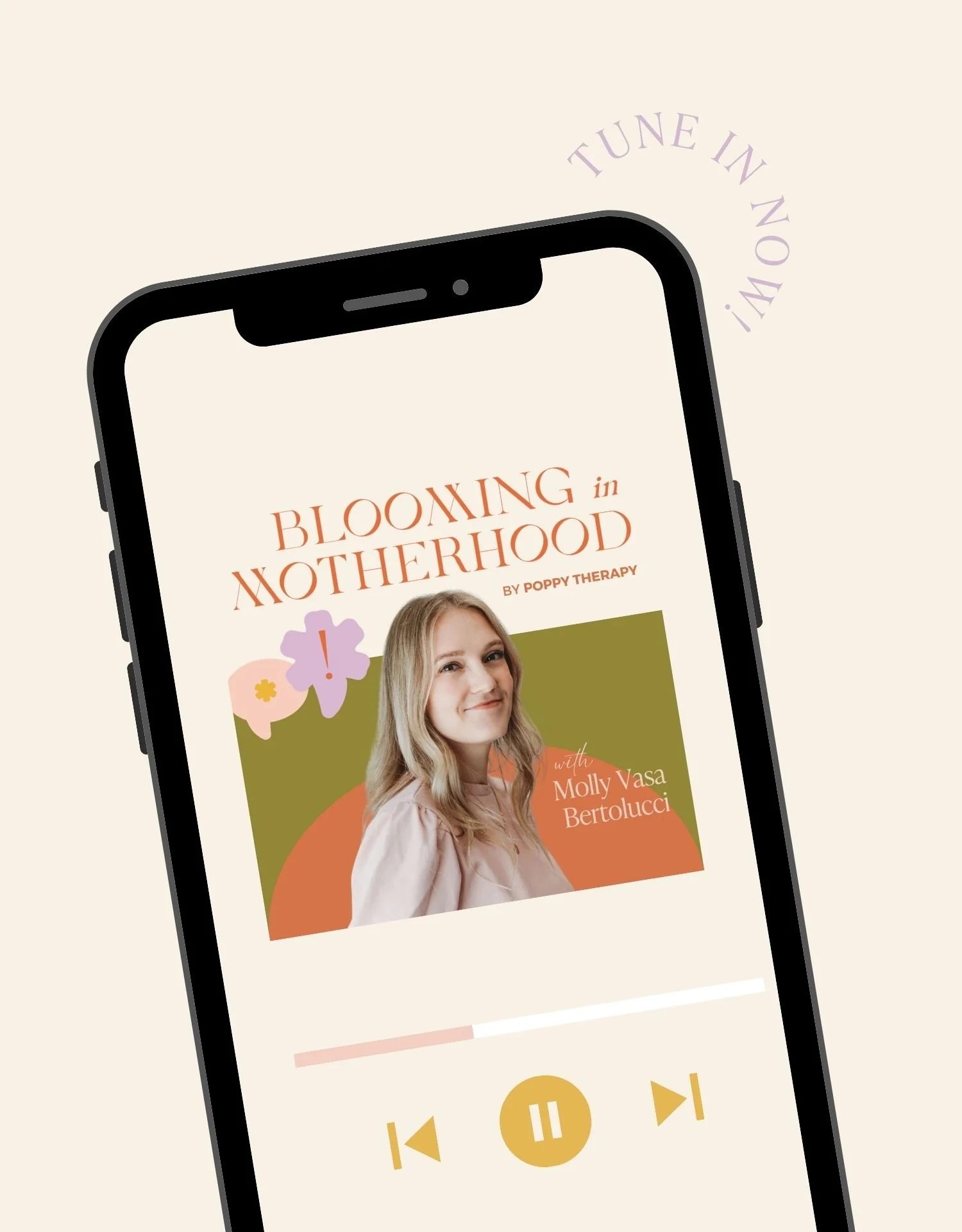 Book cover featuring a woman with blonde hair, smiling, with the title 'Blooming in Motherhood' and the subtitle 'by Poppy Therapy' and 'with Molly Vasa Bertolucci'. A colorful, abstract background with floral illustrations and a smartphone showing audio playback controls.