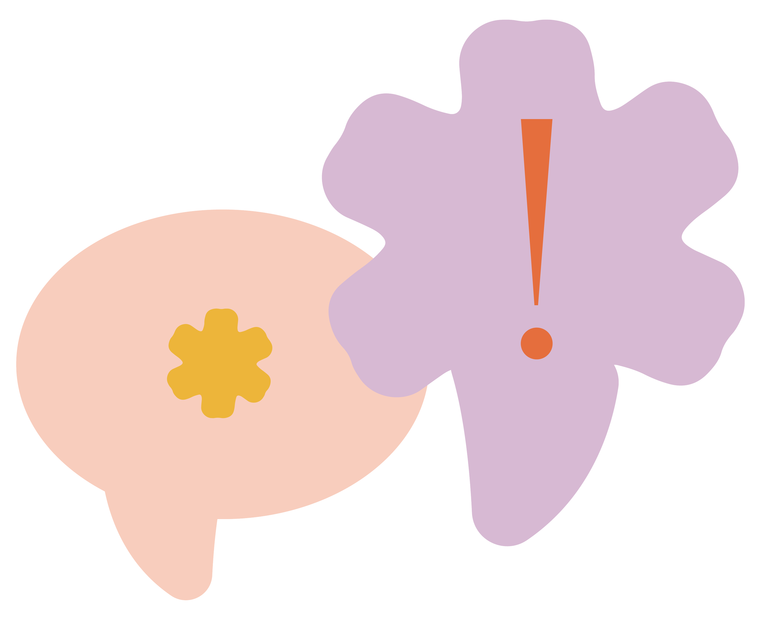 Two speech bubbles, one pink with a yellow asterisk, and one purple with an exclamation mark, indicating a warning or alert.