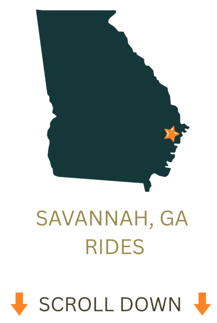 Map of Georgia with a star marking Savannah, and text that says 'Savannah, GA Rides' and 'Scroll Down' with orange arrows pointing downward.