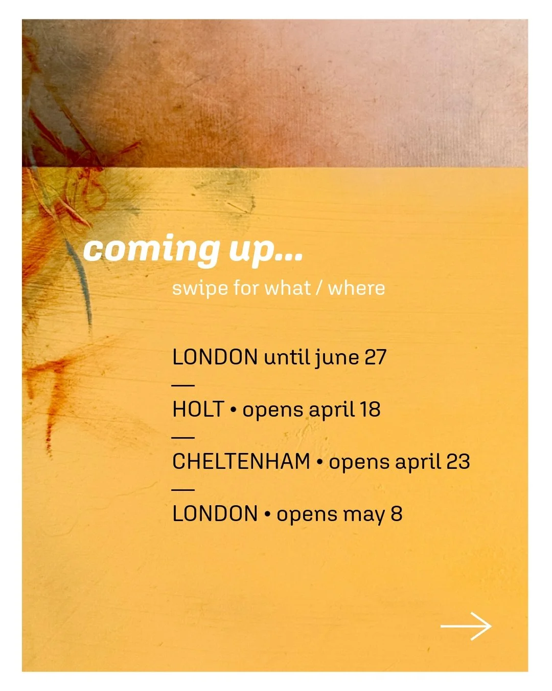 Lots coming up over the next few weeks&hellip; very excited to have work showing in the following shows and art fairs, across London and the south of England

&bull; The Abstract Connection
Now - June 27
@art.firepit
10 Cutter Lane, North Greenwich L