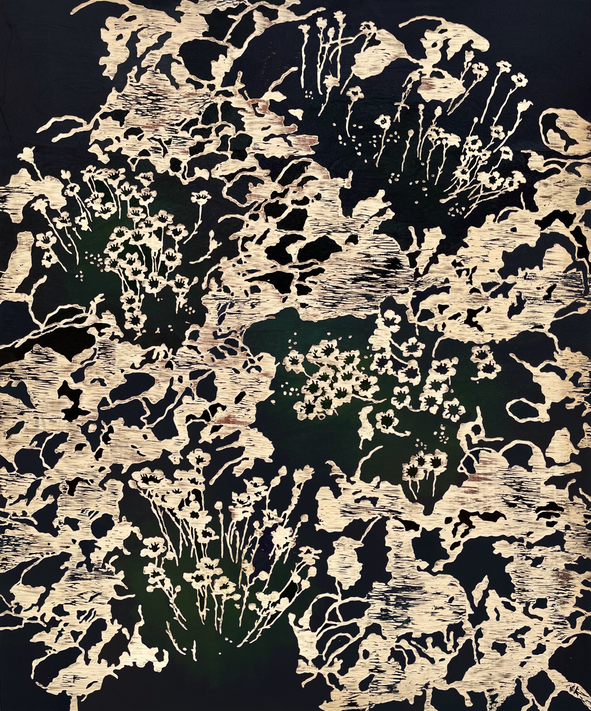 Steinbrech, 2024, 120 x 100 cm, Holzschnitt Öl bemalt