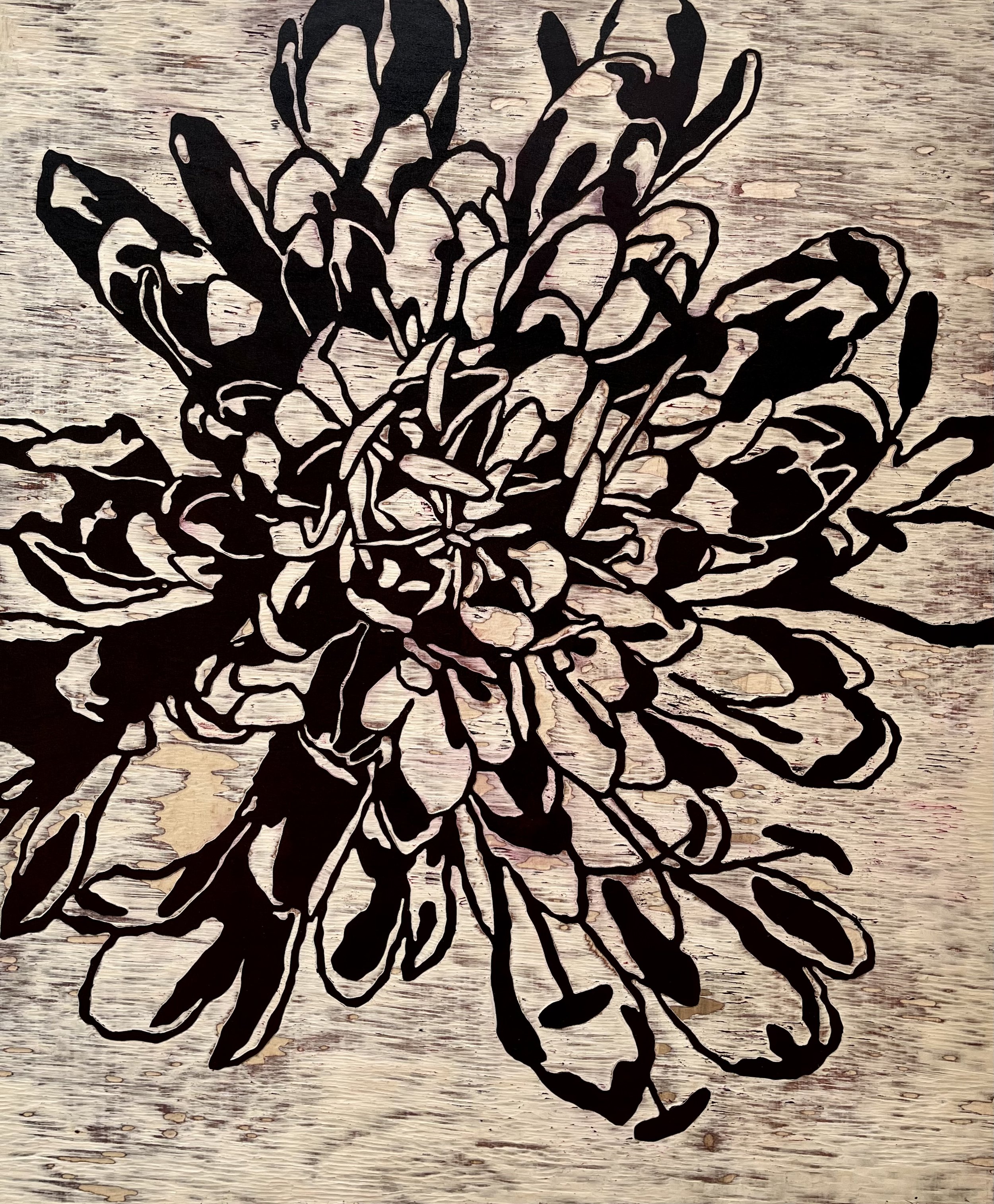 Witwenblume, 2024, 120 x 100 cm, Holzschnitt Öl bemalt 